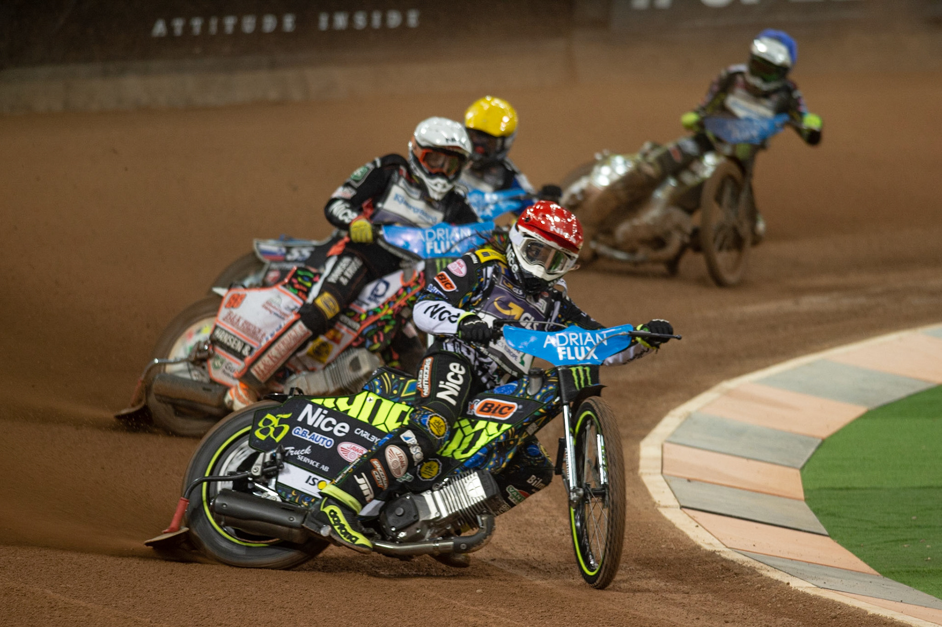 CARDIFF,WALES  Antonio Lindback (Red) leads Niels-Kristian Iversen (White), Matej Zagar (Yellow) and Martin Vaculik (Blue)  during the ADRIAN FLUX BRITISH FIM SPEEDWAY GRAND PRIX at the Principality Stadium, Cardiff on Saturday 21st September 2019. (Credit: Ian Charles | MI News)