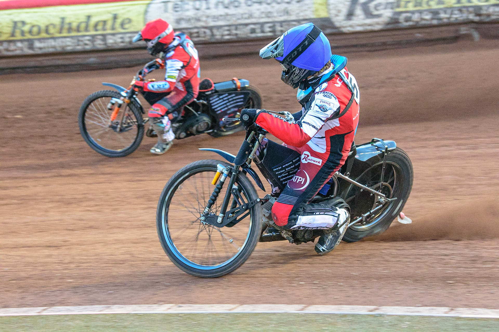 Harry McGurk  (Blue) inside team mate Jack Smith  (Red) during the National Development League match between Belle Vue Colts and Mildenhall Fens Tigers at the National Speedway Stadium, Manchester on Friday 15th July 2022. (Credit: Ian Charles | MI News)