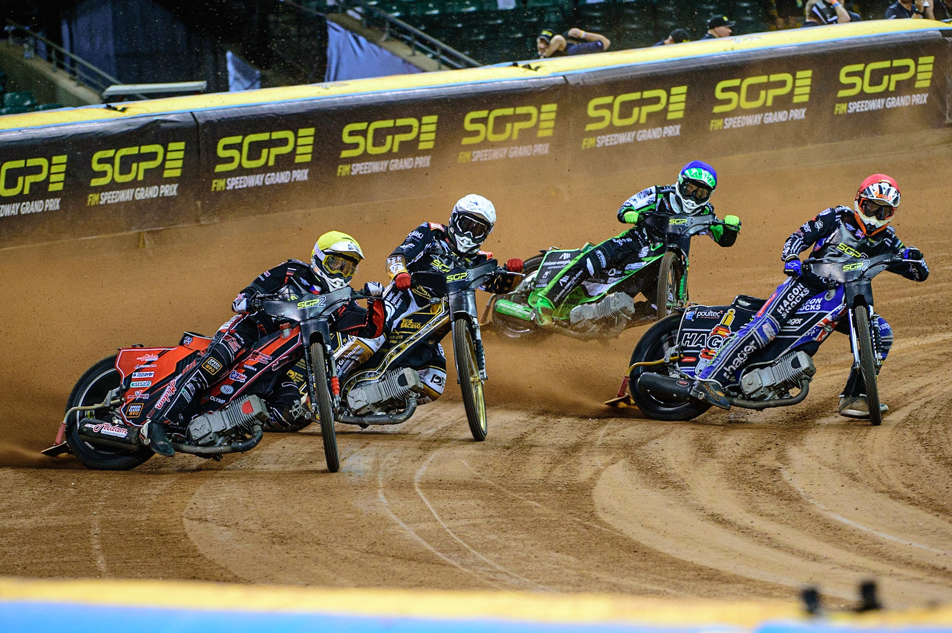Jan Kvech (Czech Republic) (Yellow) outside Jason Edwards (Great Britain) (Red), Norick Blodorn (Germany)  (White) and Mateusz Swidnicki (Poland)  (Blue) during the FIM  Speedway Grand Prix  2 of Great Britain at the Principality Stadium, Cardiff on Sunday 14th August 2022. (Credit: Ian Charles | MI News)