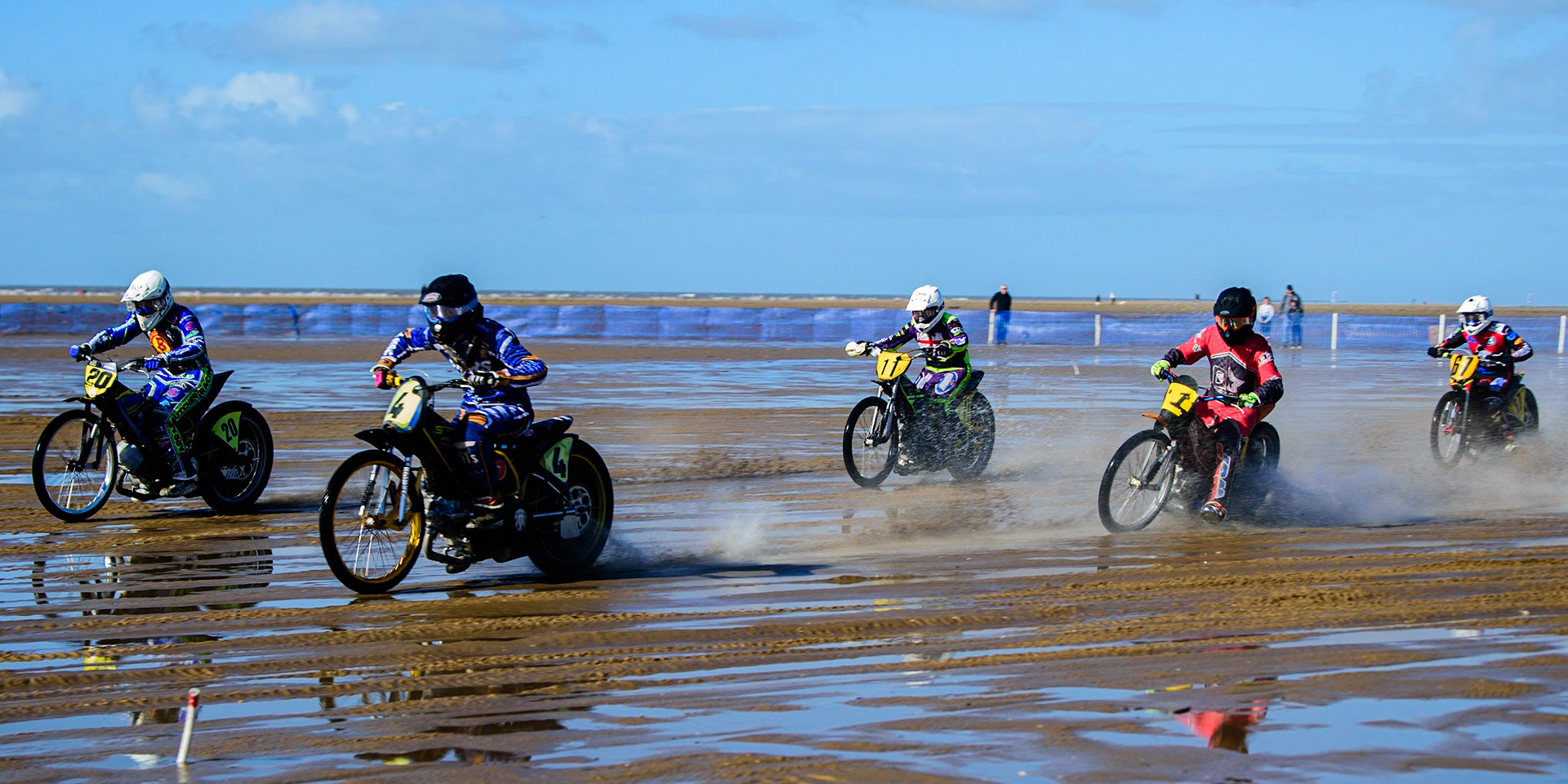 Thomas Jorgensen (4) inside Aaron Butcher (20) with Billy Reve (1) Paul Cooper (11) and Paul Bowen (67) chasing   during the Fylde ACU British Sand Racing Masters Championship on  Sunday 2nd October 2022. (Credit: Ian Charles | MI News)
