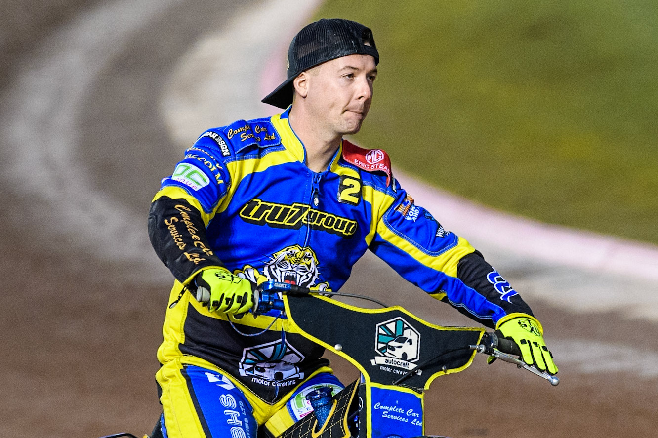 Sheffield Tigers' Kyle Howarth on the parade lap during the Rowe Motor Oil Premiership Play Off Semi Final 2, 1st Leg match between Belle Vue Aces and Sheffield Tigers at the National Speedway Stadium, Manchester on Monday 16th September 2024. (Photo: Ian Charles | MI News)