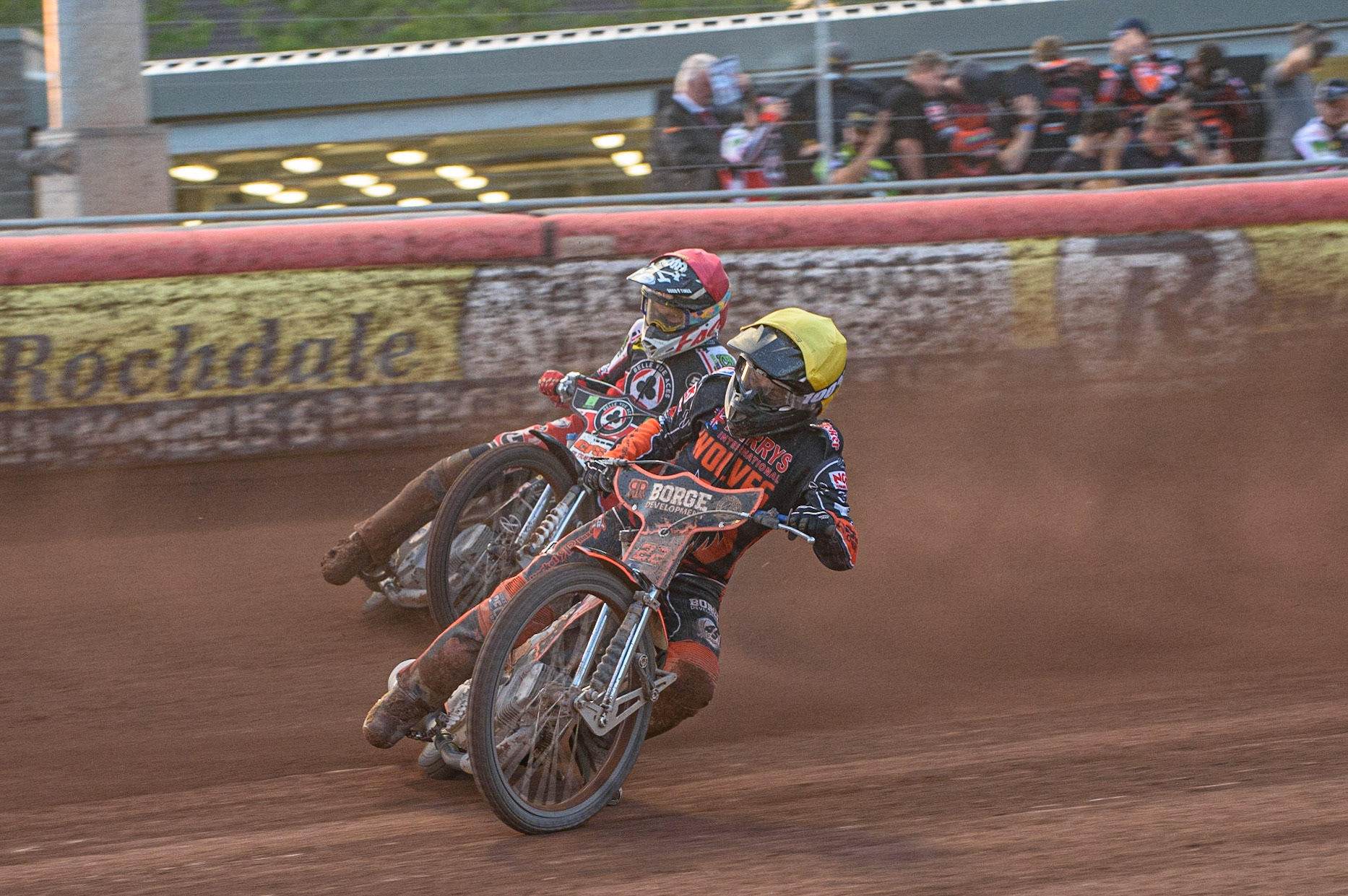 MANCHESTER, UK. JULY 15TH   Luke Becker  (Yellow) leads Dan Bewley  (Red) during the SGB Premiership match between Belle Vue Aces and Wolverhampton Wolves at the National Speedway Stadium, Manchester on Thursday 15th July 2021. (Credit: Ian Charles | MI News)