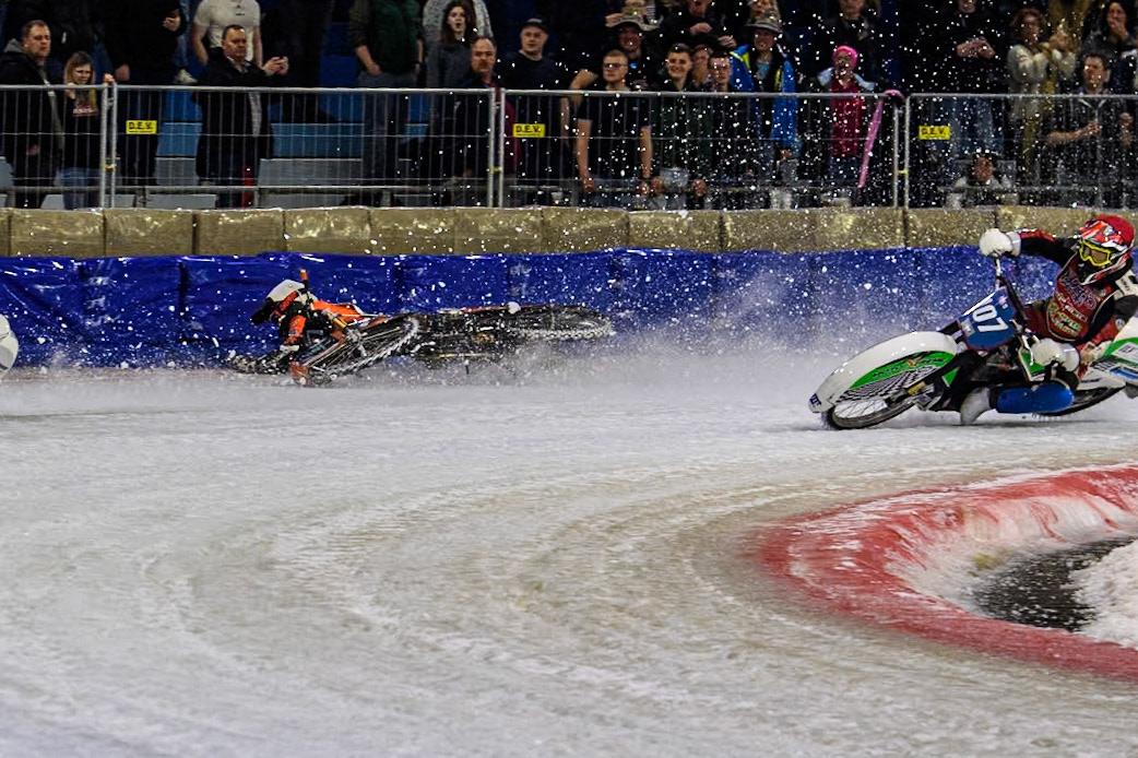 Reserve  Sweden's Filip Jäger (17) slides off into the bales during the FIM Ice Speedway Gladiators World Championship Final 3 at Ice Rink Thialf, Heerenveen on Saturday 6th April 2024. (Photo: Ian Charles | MI News)