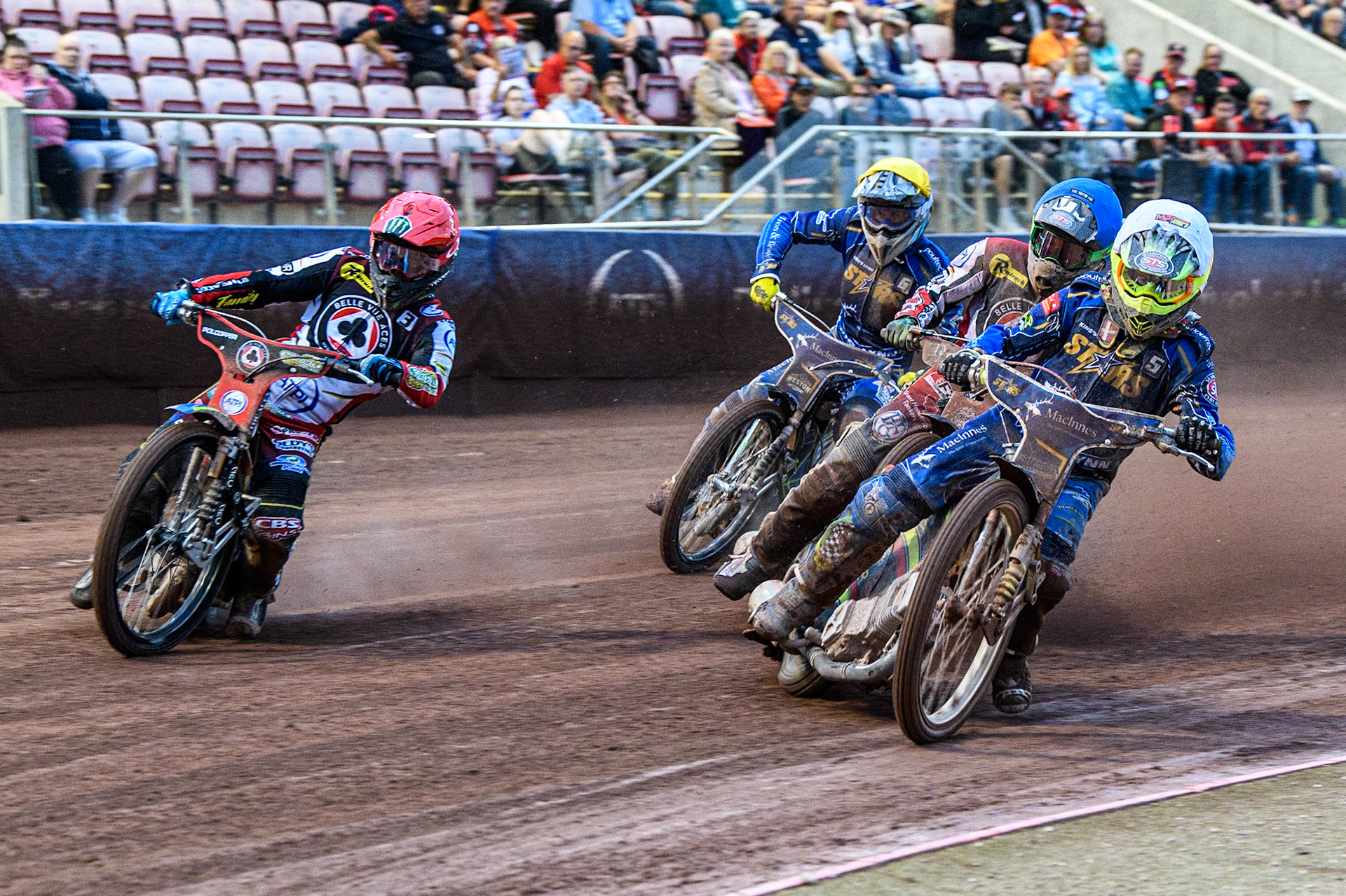 Michael Palm Toft (White) inside Jaimon Lidsey (Red) with Charles Wright (Blue) and Kye Thomson (Yellow) behind during the Sports Insure Premiership match between Belle Vue Aces and King's Lynn Stars at the National Speedway Stadium, Manchester on Monday 12th June 2023. (Photo: Ian Charles | MI News)