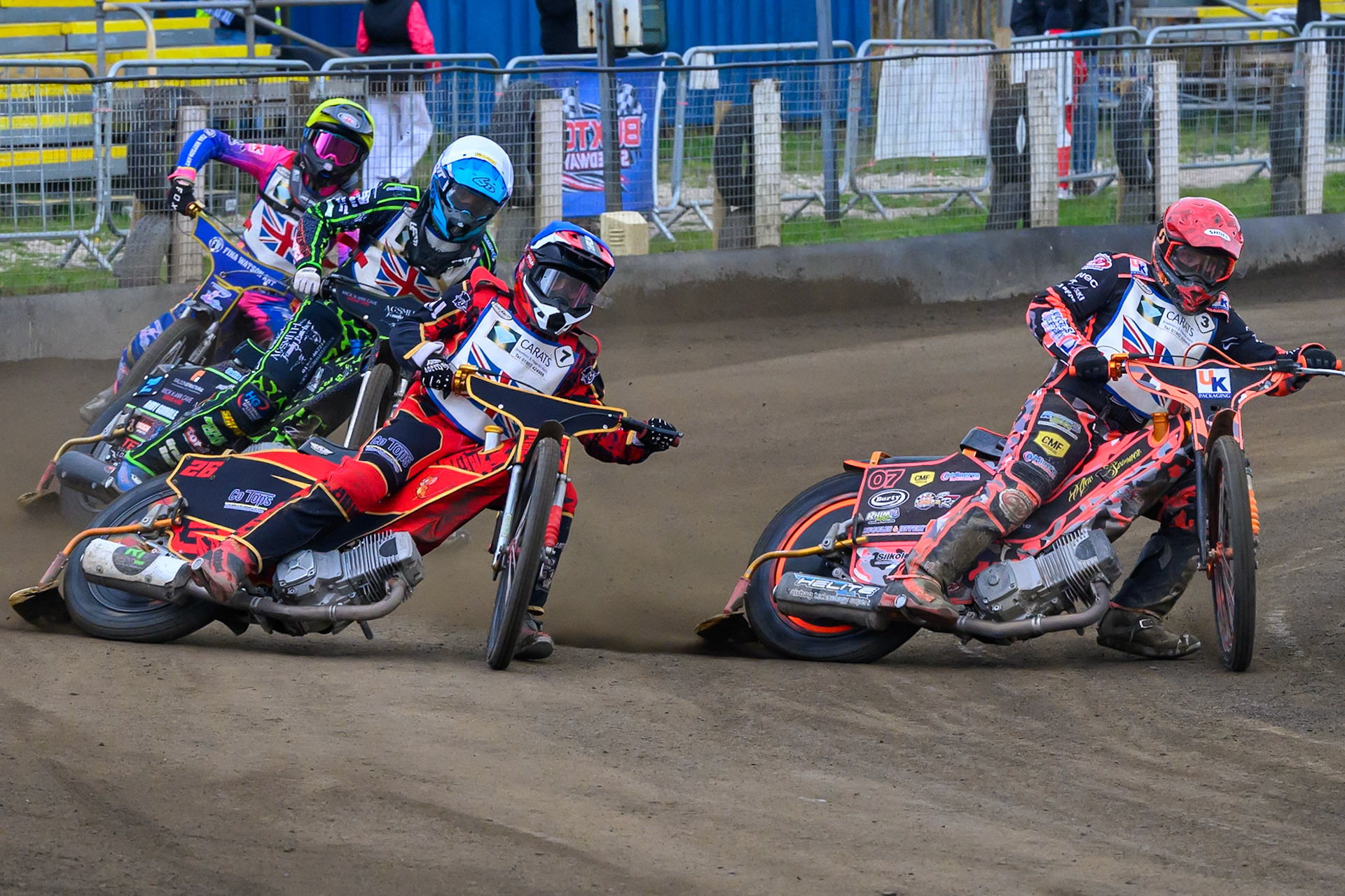 Alex Spooner in Red on the inside of Luke Harris in Blue with Harrison Rogers in White  and Owen Booth in Yellow  behind during the Derbyshire Open at Hi-Edge Speedway, Buxton on Sunday 27th September 2026. (Photo: Ian Charles | MI News)
