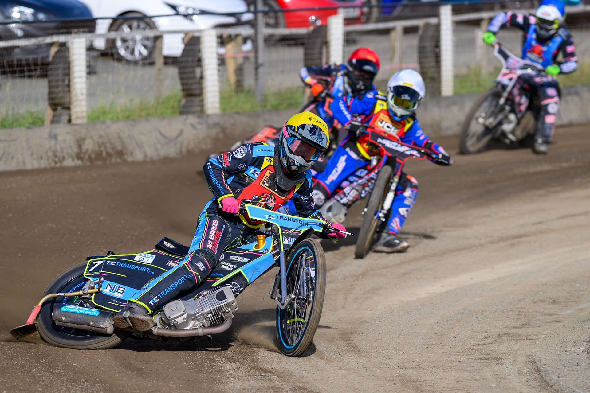 Eli Meadows  of Leicester Lion Cubs  in Yellow leading Emerson Betty, Guest rider for Leicester Lion Cubs  in White , Bailey Fellows, Guest Rider for Buxton Bulls   in Red  and Jack Shimelt of Buxton Bulls  in Blue during the WSRA National Development League match between Buxton Bulls and Leicester Lion Cubs at Hi-Edge Speedway, Buxton on Sunday 4th October 2026. (Photo: Ian Charles | MI News)