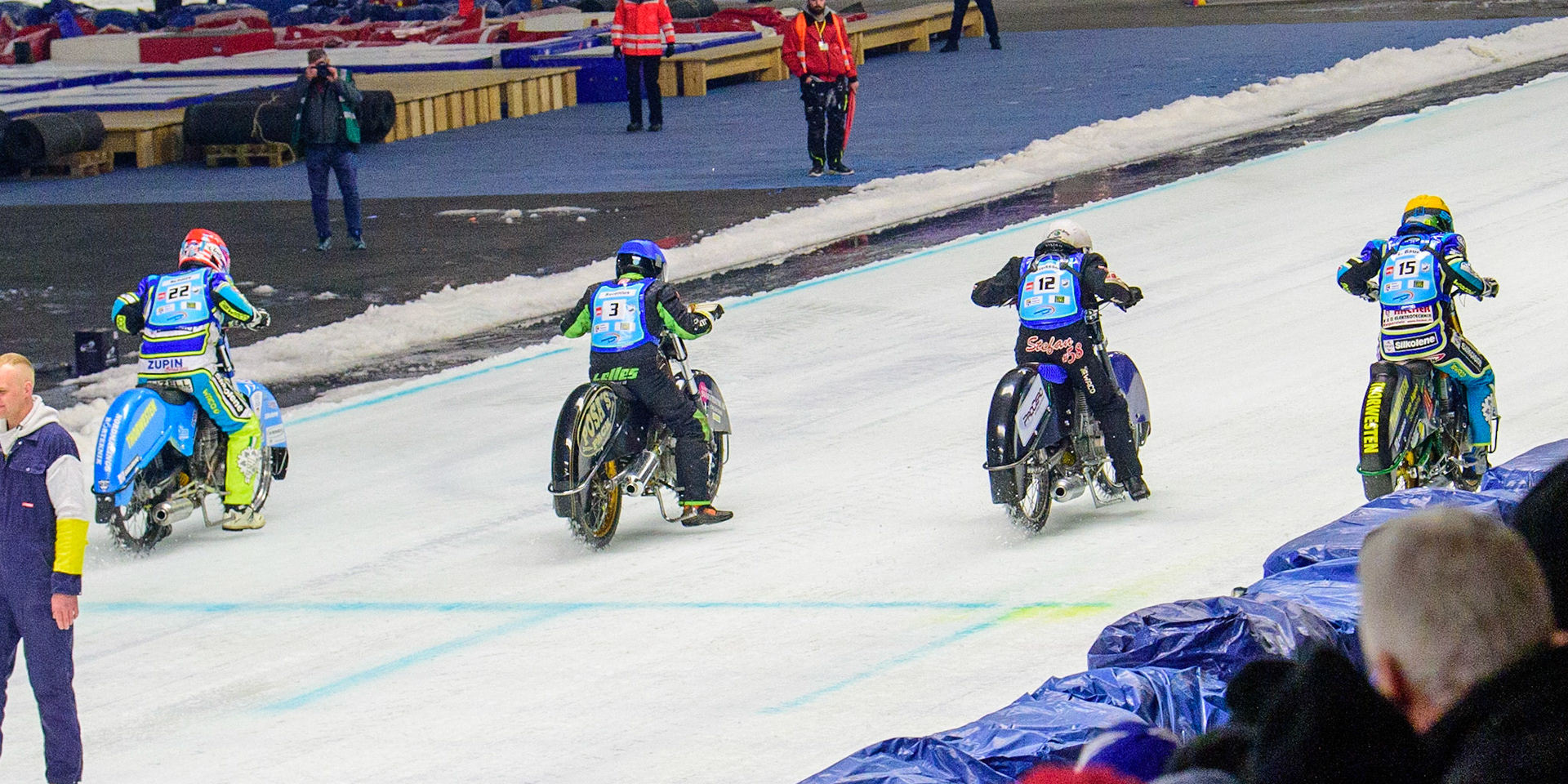 The Finale: (l-r) Günther Bauer (Red), Per-Olof Serenius (Blue), Stefan Svensson (White) and Luca Bauer (Yellow) during the Race of Legends at the Max-Aicher-Arena, Inzell on Friday 17th March 2023. (Photo: Ian Charles | MI News)