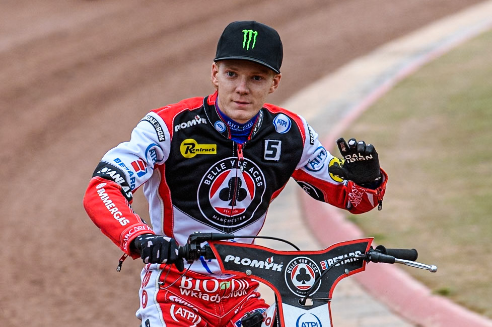 Belle Vue Aces' Dan Bewley on the parade lap during the Rowe Motor Oil Premiership match between Belle Vue Aces and Oxford Spires at the National Speedway Stadium, Manchester on Monday 22nd July 2024. (Photo: Ian Charles | MI News)