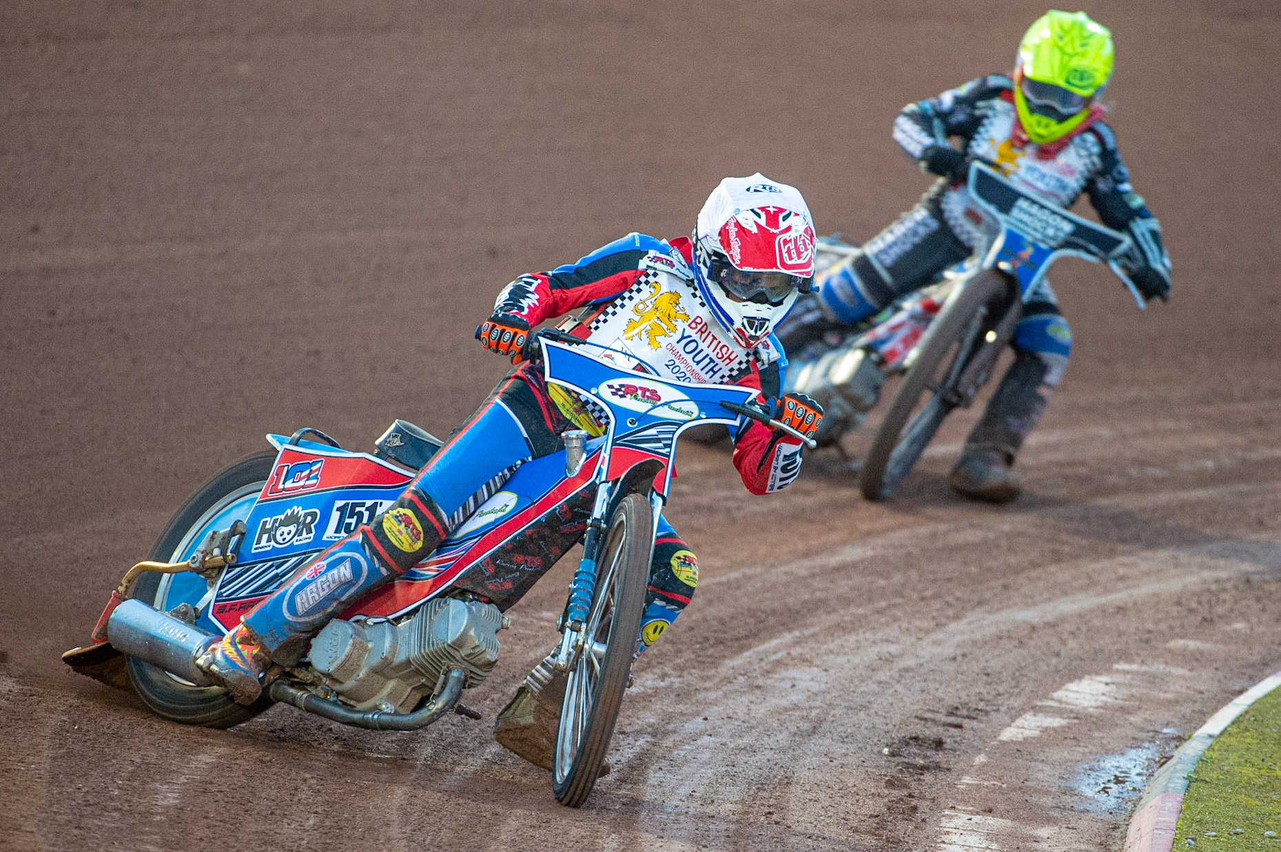 Photo: Ian CharlesCameron Taylor (White) leads Ashton Vale (Yellow) (250cc Class)British Youth Speedway Championship (Round 5), National Speedway Stadium, Manchester Saturday  10  October  2020