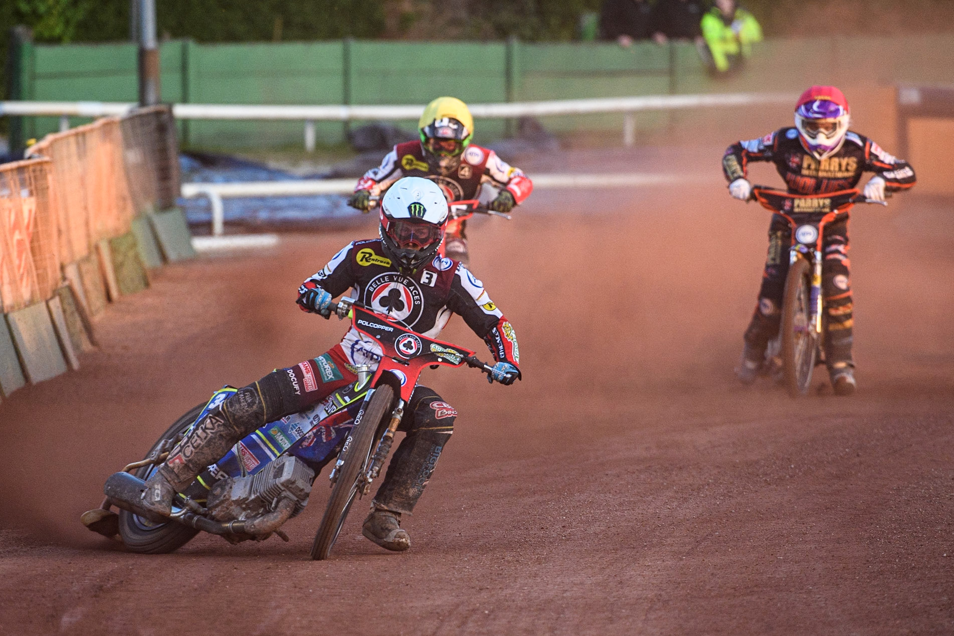Jaimon Lidsey (White) leads Charles Wright (Yellow) and Rory Schlein (Red) during the Sports Insure Premiership match between Wolverhampton Wolves and Belle Vue Aces at Monmore Green Stadium, Wolverhampton on Monday 29th May 2023. (Photo: Ian Charles | MI News)