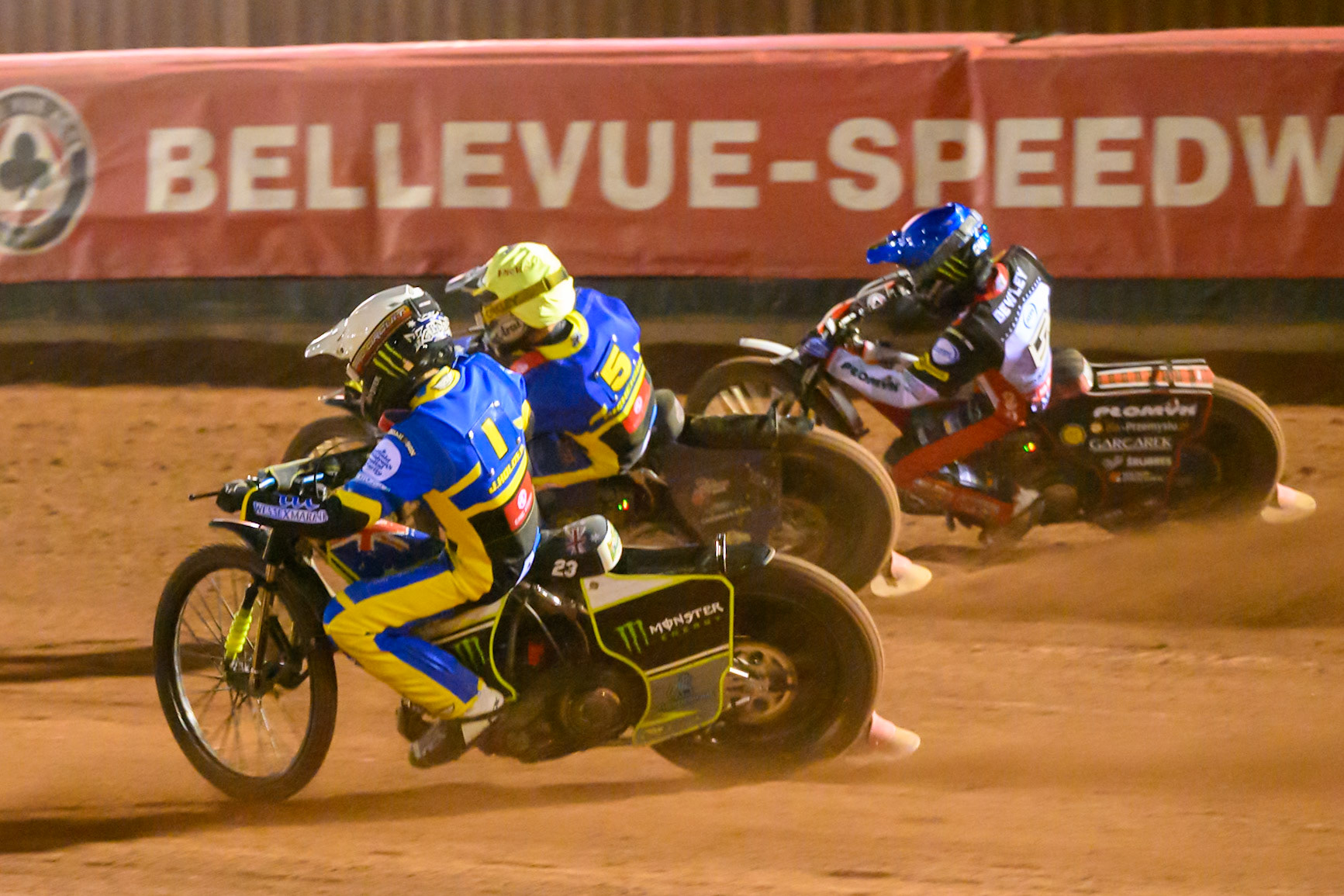 Jack Holder of Sheffield Tigers   in White rides inside Josh Pickering of Sheffield Tigers    in Yellow and Dan Bewley of Belle Vue Aces   in Blue during the Knockout Cup, Northern Section match between Belle Vue Aces and Sheffield Tigers at the National Speedway Stadium, Manchester on Monday 30th March 2026. (Photo: Ian Charles | MI News)