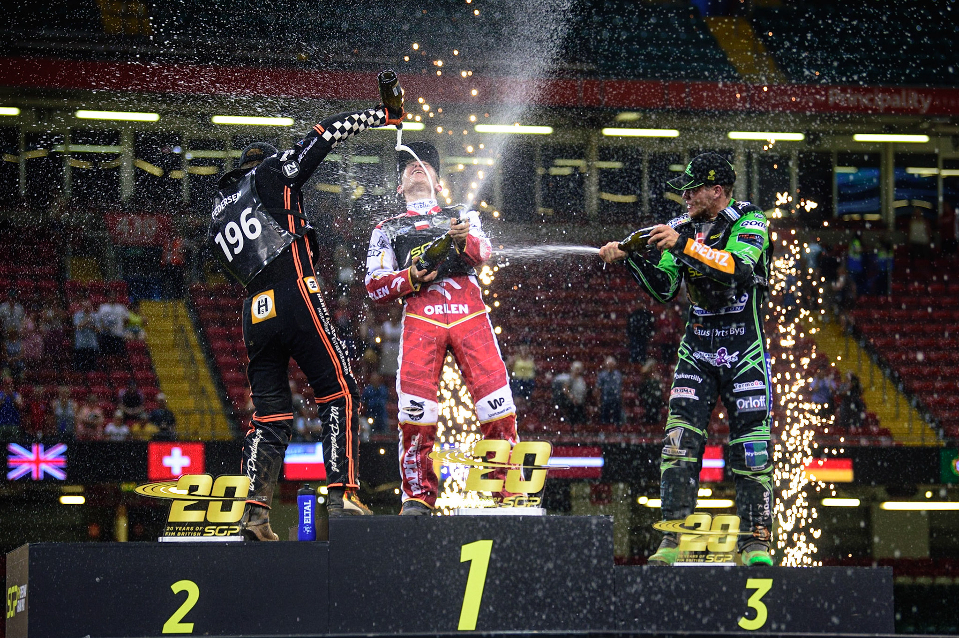Champagne celebrations during the FIM  Speedway Grand Prix  2 of Great Britain at the Principality Stadium, Cardiff on Sunday 14th August 2022. (Credit: Ian Charles | MI News)