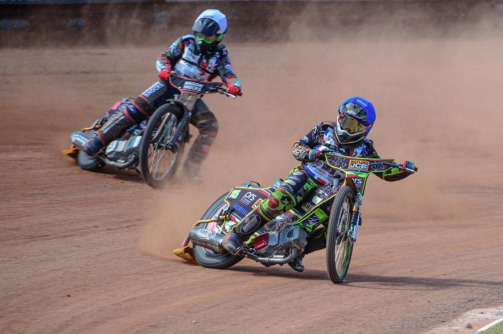 MANCHESTER, UK. JUN 3RD William Cairns (145)  (Blue) leads Ashton Vale (152) (White) during the British Youth Speedway Championship (Round 4)  at the National Speedway Stadium, Manchester on Friday 3rd June 2022. (Credit: Ian Charles | MI News)