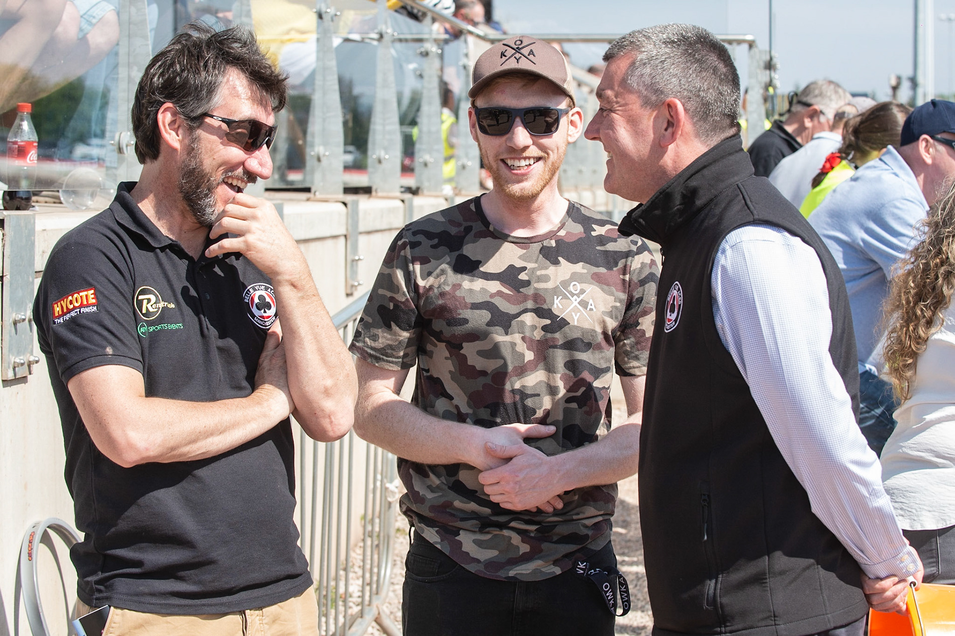 Photo: Ian Charles

Paul Bowen hangs out with the Management Mark Lemon (left) and Adrian Smith

Belle Vue Colts v Stoke Potters, National League, Belle Vue National Speedway Stadium, Manchester, Friday 19  April  2019