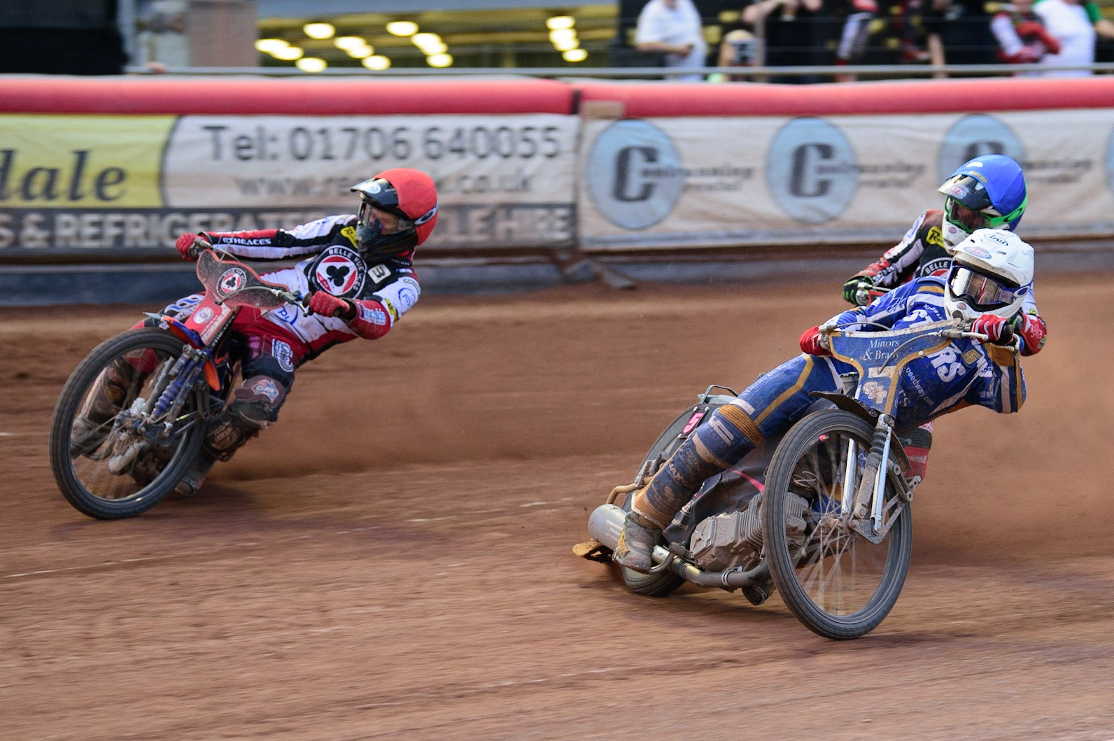 MANCHESTER UK  Josh Pickering (White) leads Brady Kurtz  (Red) and Charles Wright  (Blue) during the SGB Premiership match between Belle Vue Aces and King's Lynn Stars at the National Speedway Stadium, Manchester on Monday 11th July 2022. (Credit: Ian Charles | MI News)