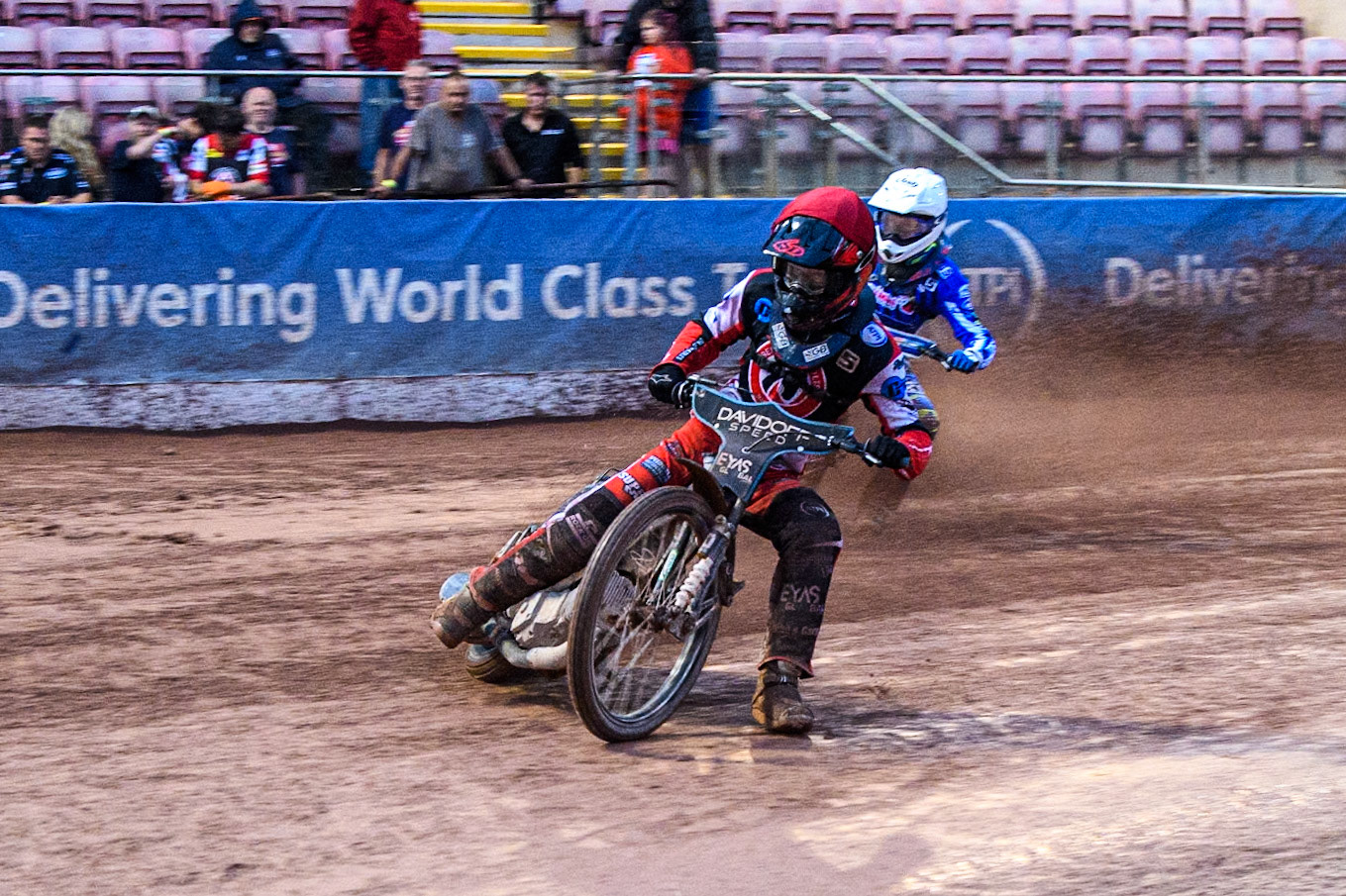 Belle Vue Colts' Freddy Hodder  in Red leading Oxford Chargers' Jody Scott  during the WSRA National Development League match between Belle Vue Colts and Oxford Chargers at the National Speedway Stadium, Manchester on Friday 2nd August 2024. (Photo: Ian Charles | MI News)