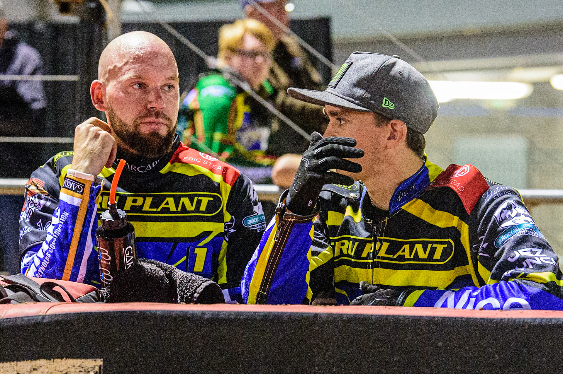 Nikolai Klindt  (left) chats with Jack Holder  during the SGB Premiership match between Belle Vue Aces and Sheffield Tigers at the National Speedway Stadium, Manchester on Monday 5th September 2022. (Credit: Ian Charles | MI News)