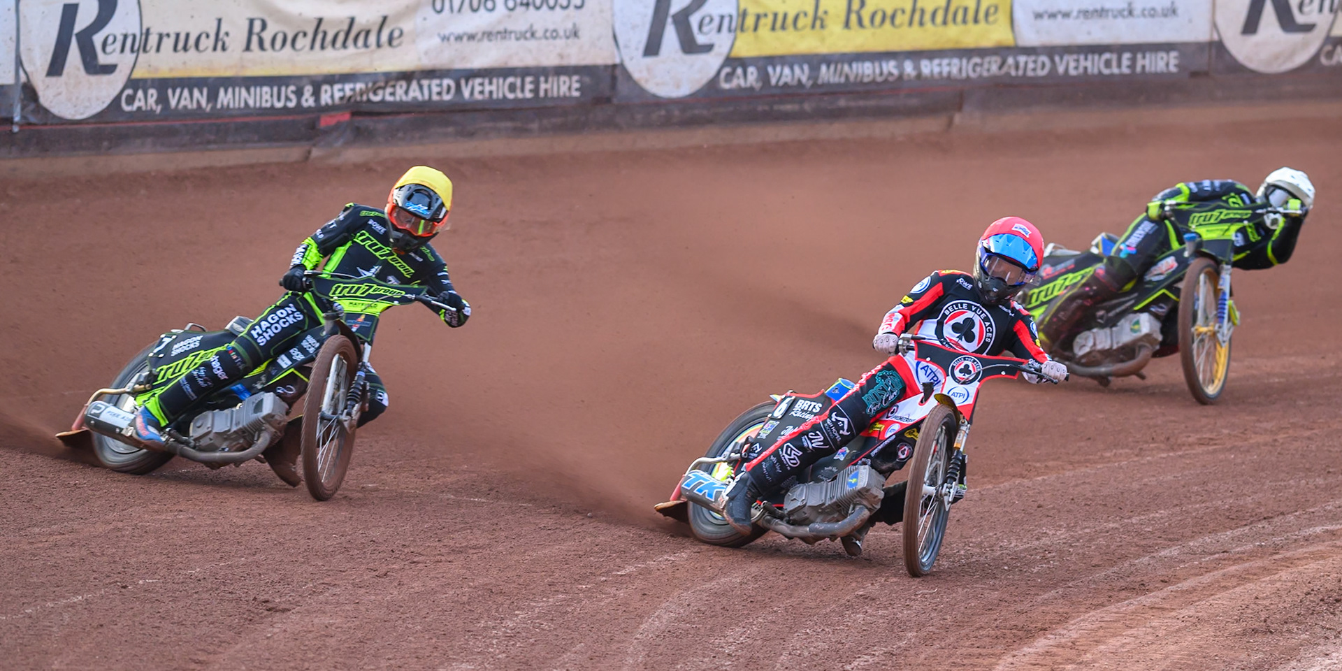 Tate Zischke of Belle Vue Aces  in Red leading Jason Edwards of Ipswich Witches  in Yellow and Philip Hellstrom-Bangs of Ipswich Witches  in White during the Rowe Motor Oil Premiership match between Belle Vue Aces and Ipswich Witches at the National Speedway Stadium, Manchester on Monday 20th April 2026. (Photo: Ian Charles | MI News)
