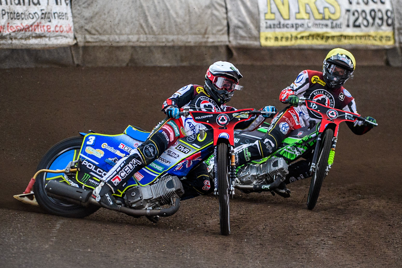 Jaimon Lidsey  (White) leads  team mate Charles Wright  (Yellow) during the Sports Insure Premiership match between King's Lynn Stars and Belle Vue Aces at the Adrian Flux Arena, King's Lynn on Thursday 24th August 2023. (Photo: Ian Charles | MI News)