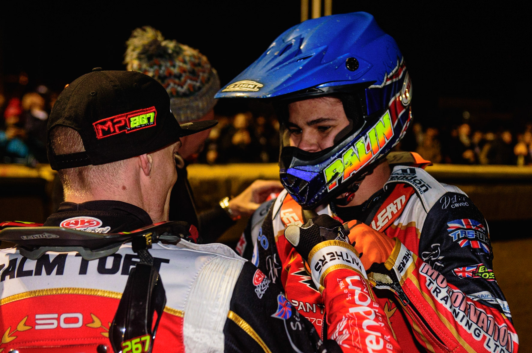 PETERBOROUGH, UK. OCT 14TH Jordan Palin  is congratulated by Michael Palm Toft  during the SGB Premiership Grand Final 2nd leg between Peterborough and Belle Vue Aces at East of England Showground, Peterborough on Thursday 14th October 2021. (Credit: Ian Charles | MI News)