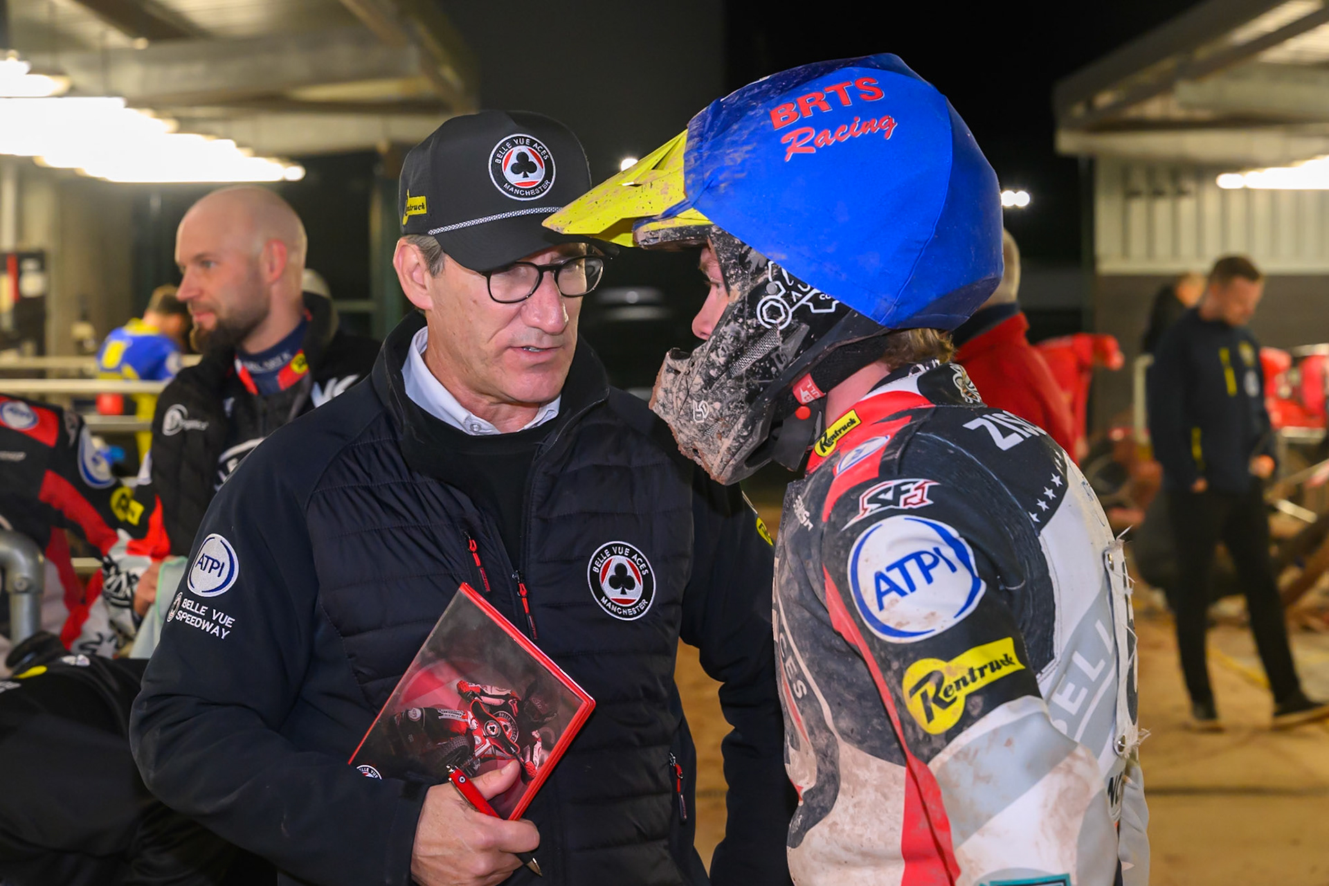 Mark Lemon, Team Manager of Belle Vue Aces (Left) chats with Tate Zischke of Belle Vue Aces during the Rowe Motor Oil Premiership Grand Final 2nd Leg between Belle Vue Aces and Sheffield Tigers at the National Speedway Stadium, Manchester on Friday 16th October 2026. (Photo: Ian Charles | MI News)
