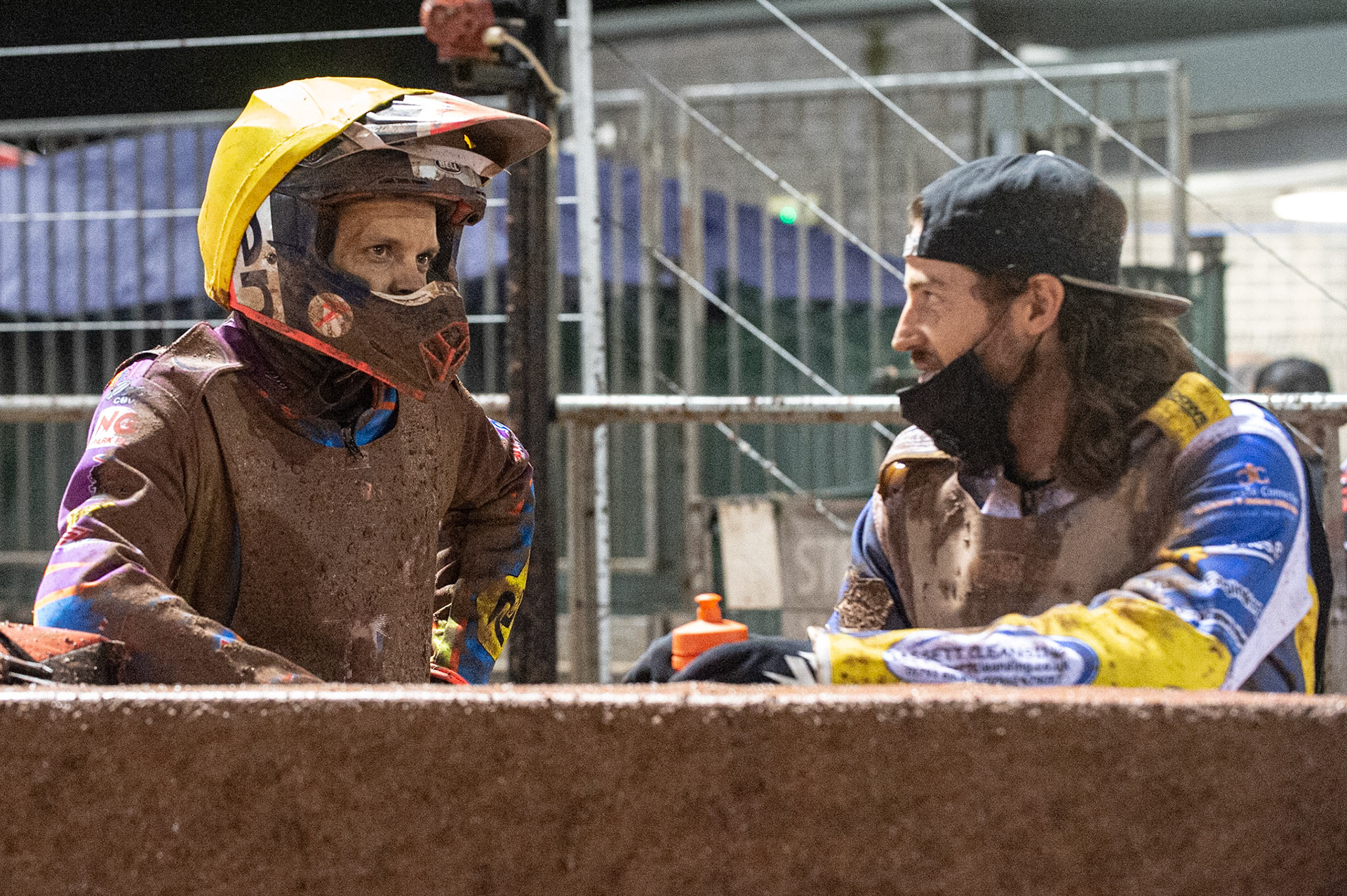 Photo: Ian CharlesRory Schlein  (left) discusses the track with Richard Lawson  Sports Insure British Speedway Championship Final, National Speedway Stadium, Manchester Monday  28  September  2020