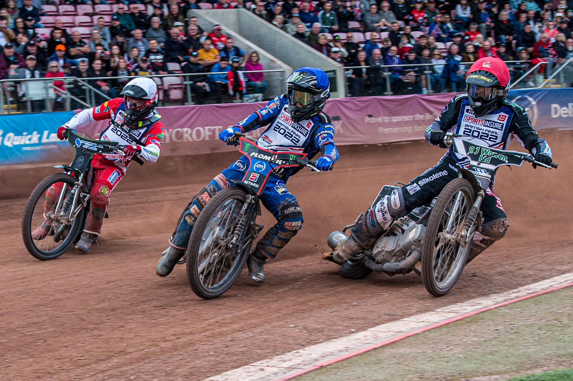 The Final : (l - r) Craig Cook  (White), Dan Bewley  (Blue) and Danny King  (Red) during the Sports Insure British Speedway Final, at the National Speedway Stadium, Manchester, on Sunday 18th September 2022. (Credit: Ian Charles | MI News )