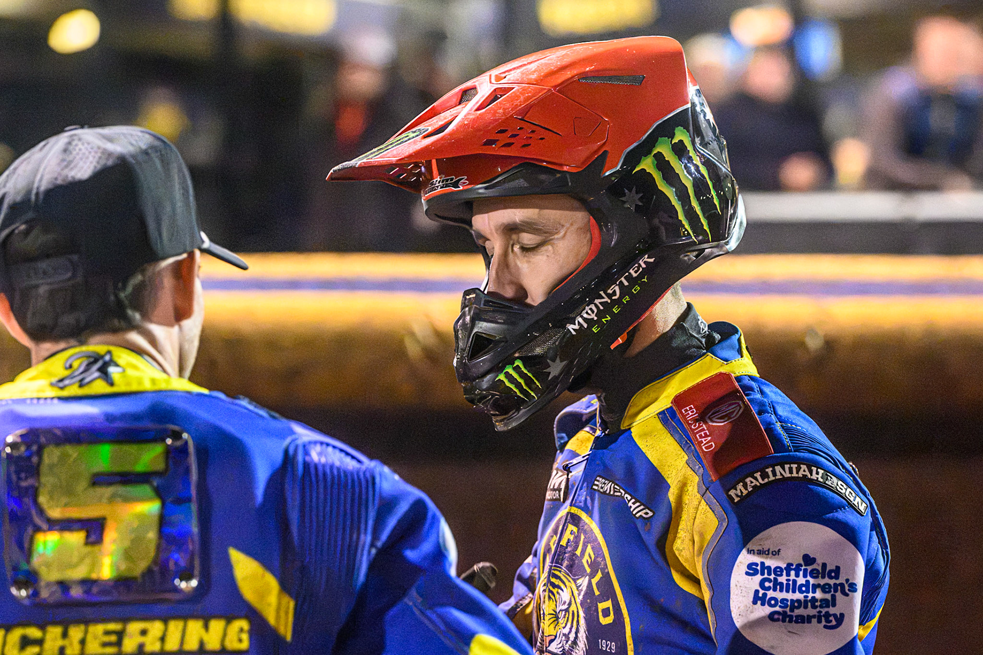Josh Pickering of Sheffield Tigers (Left) chats with Chris Holder of Sheffield Tigers during the Rowe Motor Oil Premiership Grand Final 1st Leg match between Sheffield Tigers and Belle Vue Aces at Owlerton Stadium, Sheffield on Monday 12th October 2026. (Photo: Ian Charles | MI News)