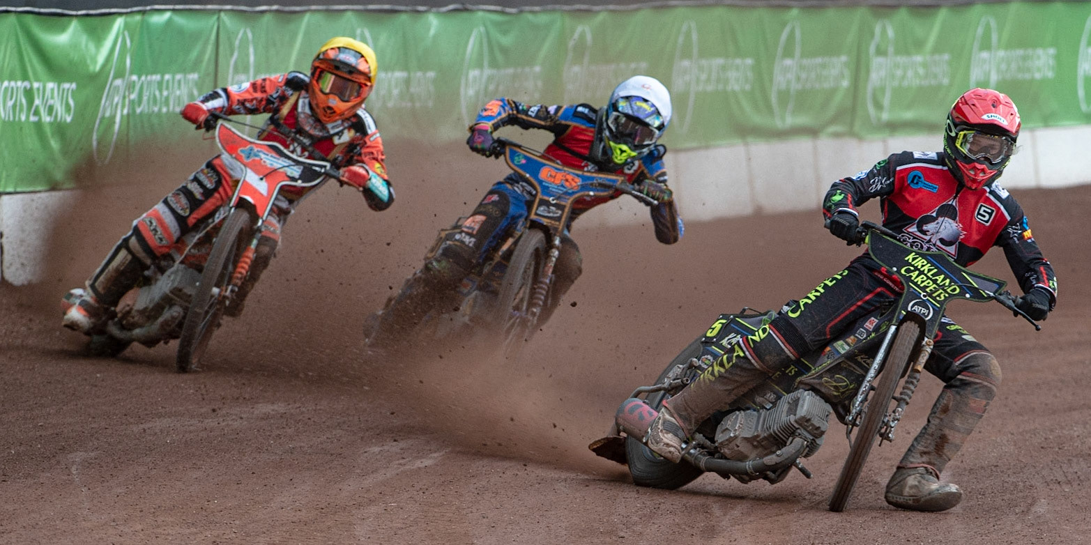 Photo: Ian Charles

Kyle Bickley  (Red) leads Anders Rowe  (White) and Jordan Jenkins  (Yellow)

Belle Vue Colts v Kent Kings, SGB National League KO Cup Quarter Final 1st Leg, Belle Vue National Speedway Stadium, Manchester, Thursday 20  June  2019
