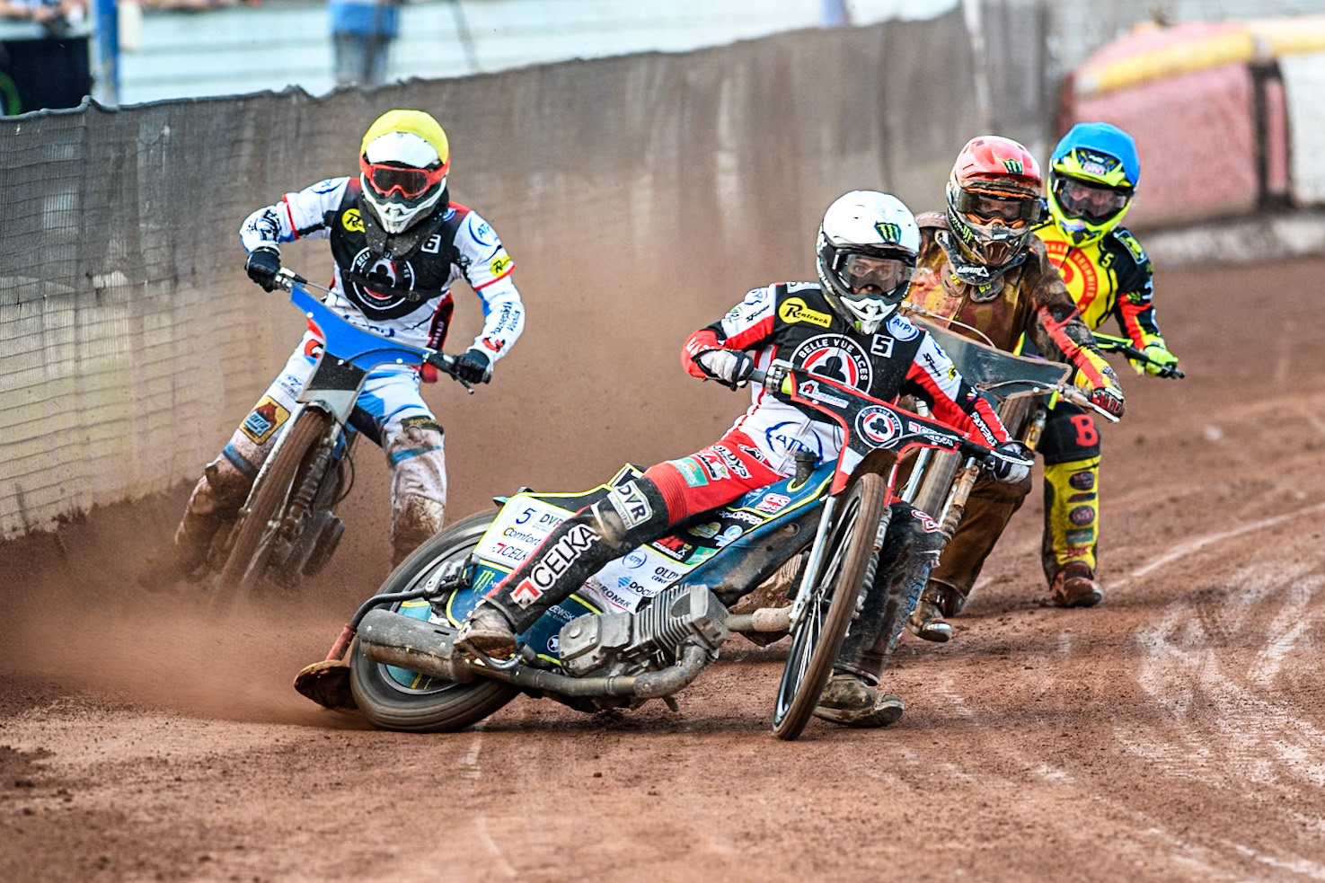 Belle Vue Aces' Jaimon Lidsey in White leading Belle Vue Aces' Antti Vuolas in Yellow Birmingham Brummies' Tom Brennan in Blue and Birmingham Brummies' Freddie Lindgren in Red during the Rowe Motor Oil Premiership match between Birmingham Brummies and Belle Vue Aces at Perry Bar Stadium, Birmingham on Monday 29th July 2024. (Photo: Ian Charles | MI News)