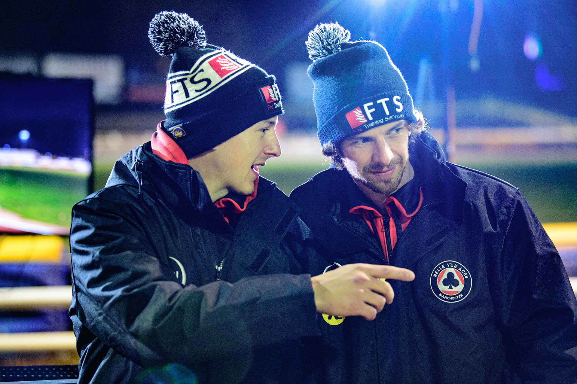 Belle Vue’s two injured rider Jye Etheridge (left) with Charles Wright who were present for the meeting during the SGB Premiership Grand Final 2nd Leg between Sheffield Tigers and Belle Vue Aces at Owlerton Stadium, Sheffield on Thursday 13th October 2022. (Credit: Ian Charles | MI News)