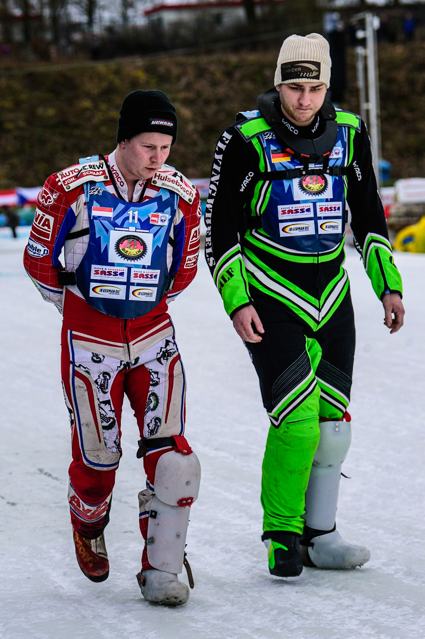 Niek Schaap |left) and Finn Loheider on a -meeting track walk during the German Individual Ice Speedway Championship at Horst-Dohm-Eisstadion, Berlin on Friday 3rd March 2023. (Photo: Ian Charles | MI News)