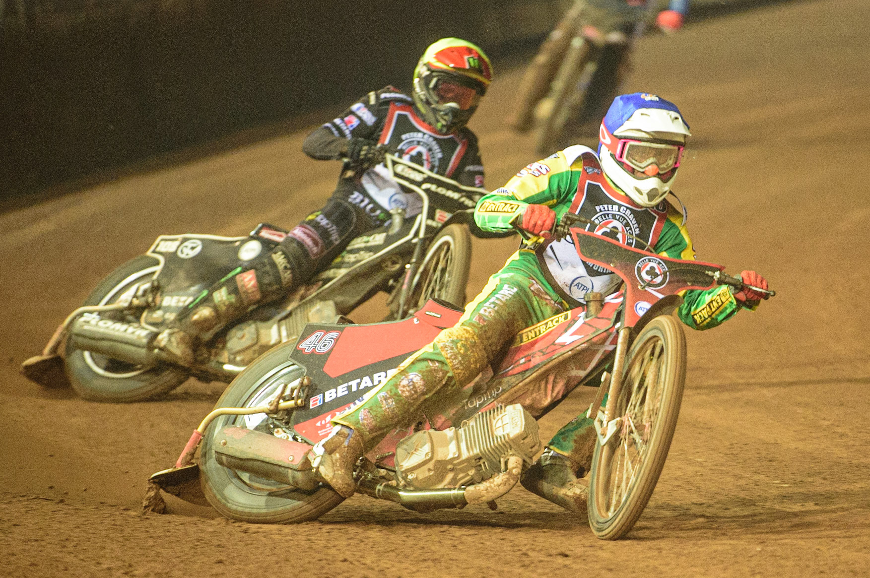 MANCHESTER, UK. MAR 21ST. Max Fricke (Blue) leads Tai Woffinden (Yellow) during the ATPI Peter Craven Memorial Trophy at the National Speedway Stadium, Manchester on Monday 21st March 2022. (Credit: Ian Charles | MI News)
