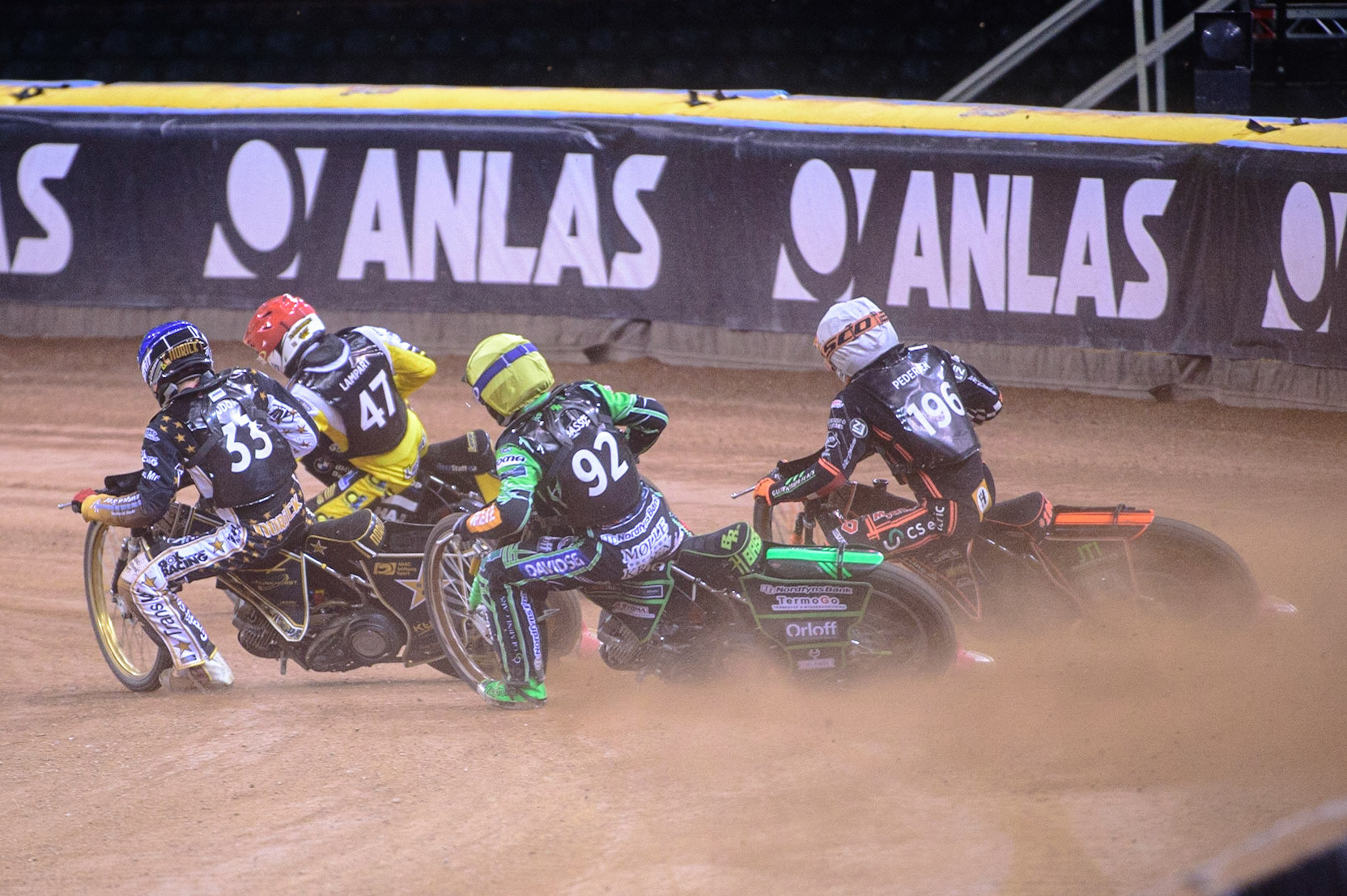 Norick Blodorn (Germany)  (Blue) inside Wiktor Lampart (Poland) (Red) with Benjamin Basso (Denmark)  (Yellow) and Kevin Juhl Pedersen (Denmark)  (White) behind during the FIM  Speedway Grand Prix  2 of Great Britain at the Principality Stadium, Cardiff on Sunday 14th August 2022. (Credit: Ian Charles | MI News)