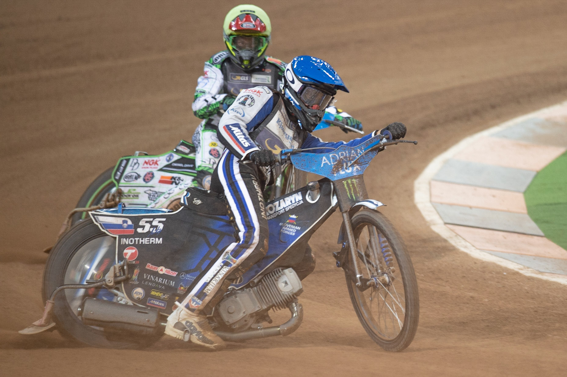 CARDIFF,WALES Matej Zagar (Blue) leads Charles Wright (Yellow) during the ADRIAN FLUX BRITISH FIM SPEEDWAY GRAND PRIX at the Principality Stadium, Cardiff on Saturday 21st September 2019. (Credit: Ian Charles | MI News)
