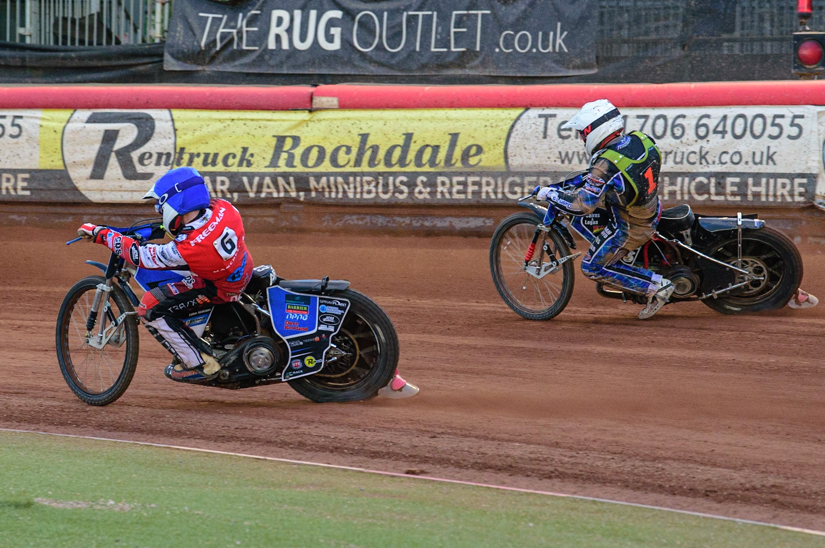 Archie Freeman  (Blue) passes Greg Blair  (White) during the National Development League match between Belle Vue Colts and Mildenhall Fens Tigers at the National Speedway Stadium, Manchester on Friday 15th July 2022. (Credit: Ian Charles | MI News)
