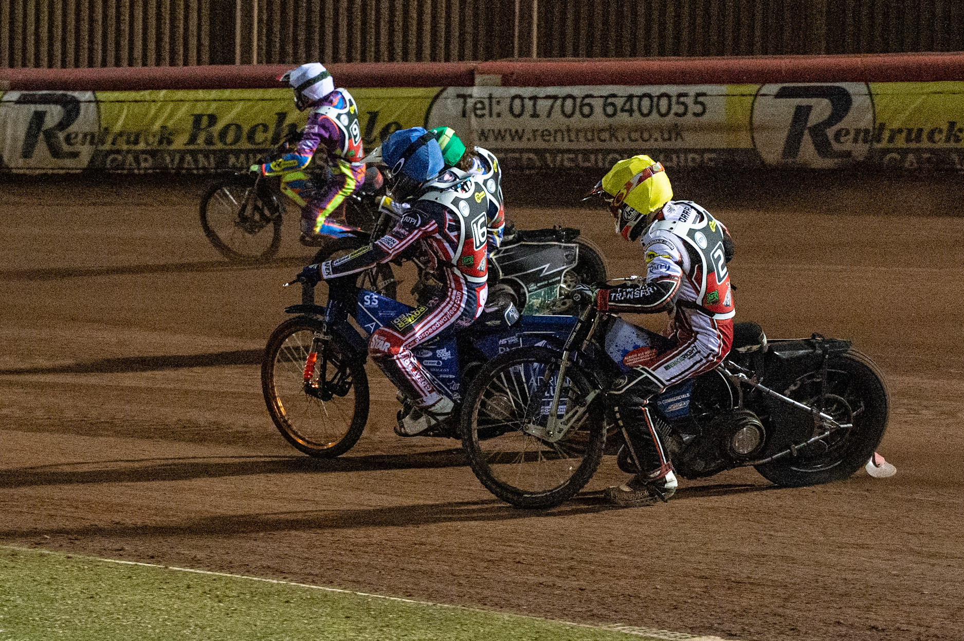 Photo: Ian CharlesIn the Last Chance Qualifier Steve Worrall (Yellow) chases Lewis Kerr (Blue) Richard Lawson (Green) and Rory Schlein (White)Peter Craven Memorial Trophy, National Speedway Stadium, Manchester Thursday  22  October  2020