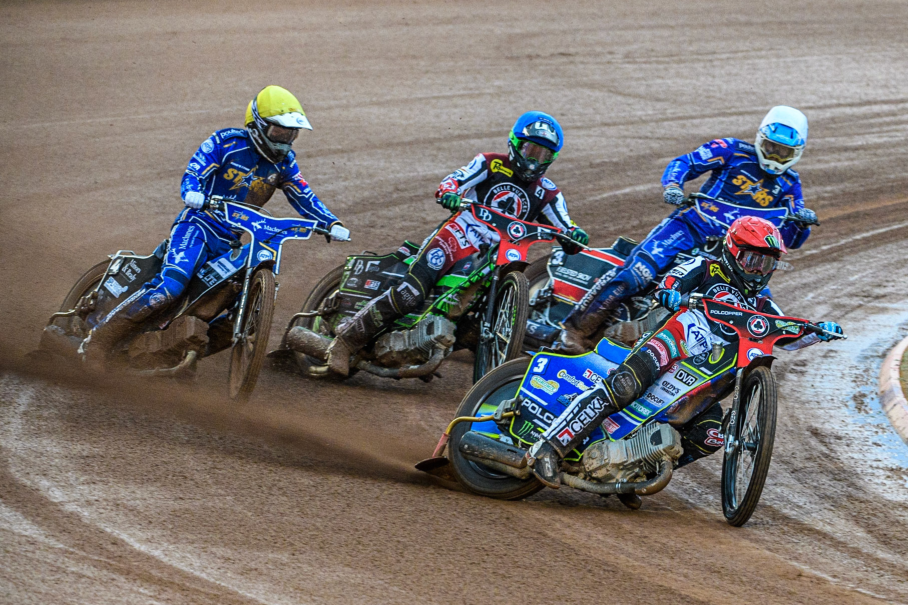 Jaimon Lidsey (Red) leads Nicolai Klindt (Yellow), Charles Wright (Blue) and Frederik Jakobsen (White) during the Sports Insure Premiership match between Belle Vue Aces and King's Lynn Stars at the National Speedway Stadium, Manchester on Monday 12th June 2023. (Photo: Ian Charles | MI News)