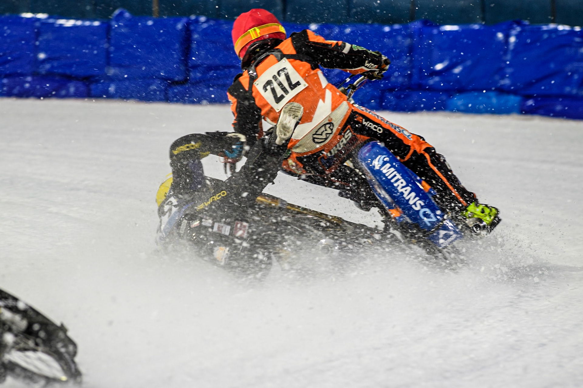 Martin Haarahiltunen (199) of Sweden loses control of his bike during the FIM Ice Speedway Gladiators World Championship, Final 3 at the Ice Stadium, Thialf, Heerenveen on Saturday 5th April 2025. (Photo: Ian Charles | MI News)
