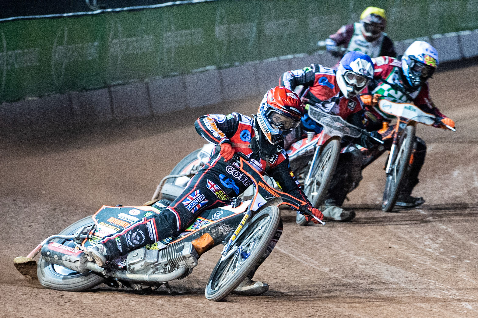 Photo: Ian Charles

Jordan Palin  (Red) leads Danny Phillips  (Blue) Jack Smith  (White) and Sam Woolley   (Yellow)

Belle Vue Colts v Cradley Heathens, SGB National League, Belle Vue National Speedway Stadium, Manchester, Thursday 29  August  2019