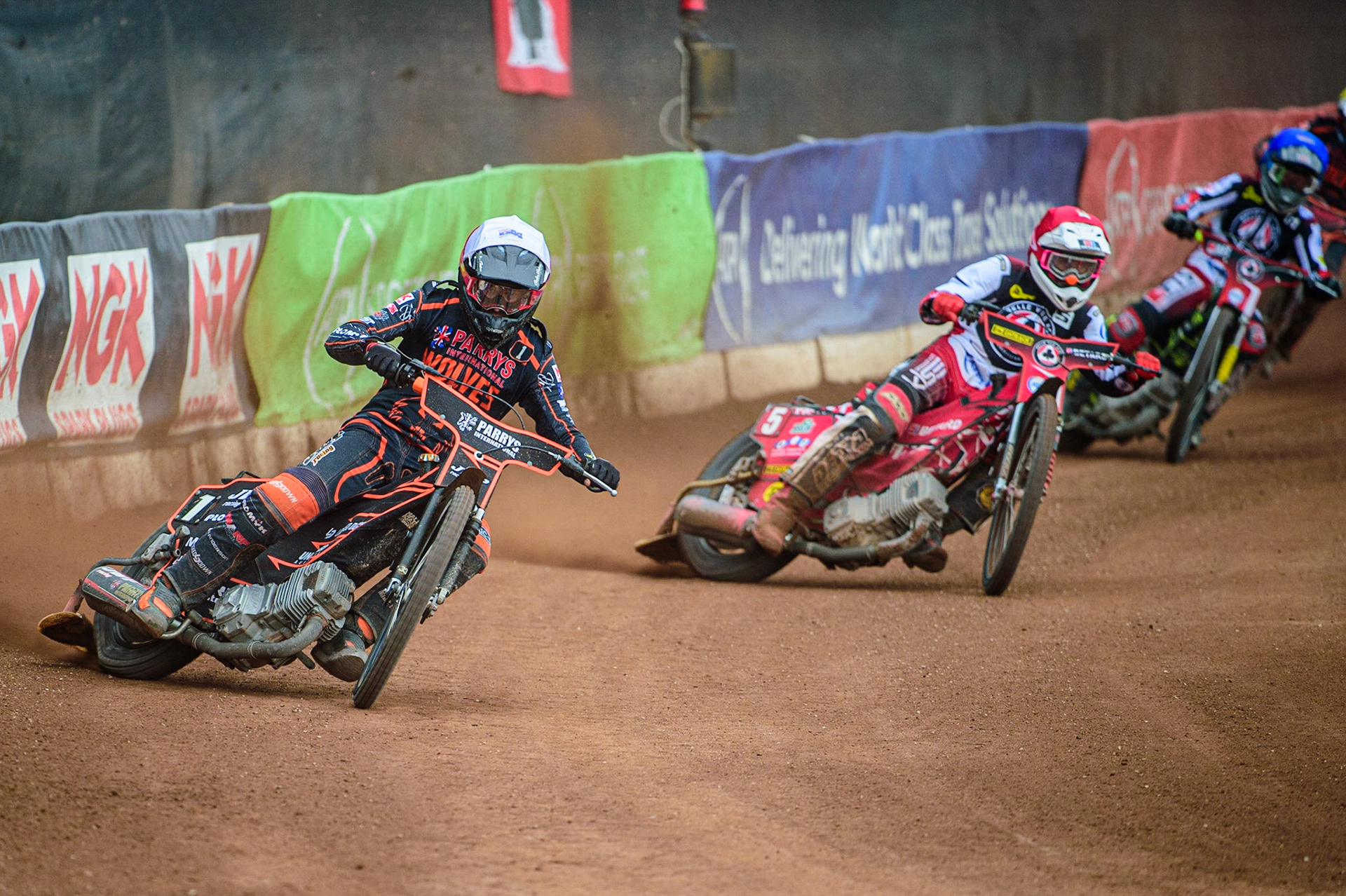 Sam Masters  (White) leads Max Fricke  (Red) and Jye Etheridge  (Blue) during the SGB Premiership match between Belle Vue Aces and Wolverhampton Wolves at the National Speedway Stadium, Manchester on Monday 29th August 2022. (Credit: Ian Charles | MI News)