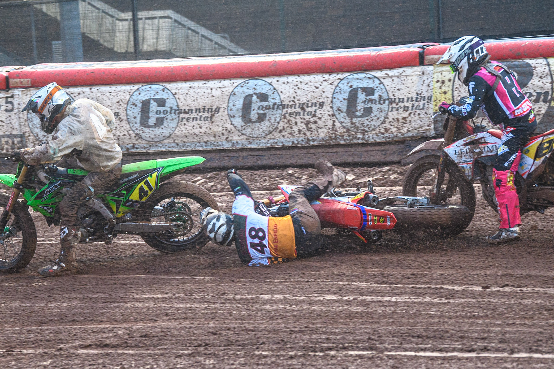 Nico Sorbo (48) from Italy slides off during the FIM World Flat Track Championship Round 1 at the National Speedway Stadium, Manchester on Saturday 5th August 2023. (Photo: Ian Charles | MI News)