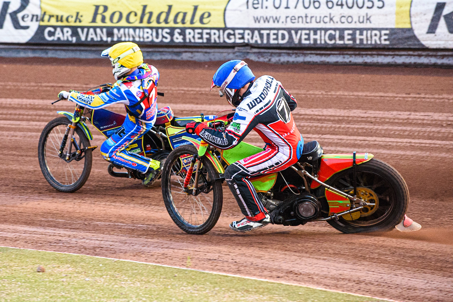 MANCHESTER, UK. JULY 23RD Ben Woodhull  (Blue) chases Nathan Ablitt  (Yellow) during the National Development League match between Belle Vue Colts and Eastbourne Seagulls at the National Speedway Stadium, Manchester on Friday 23rd July 2021. (Credit: Ian Charles | MI News)