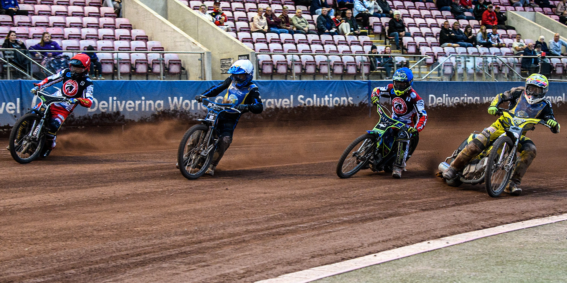 (l - r) Matt Marson (Red), Ashton Boughen (White), Luke Muff (Blue) Dayle Wood (Yellow) during the National Development League match between Belle Vue Colts and Edinburgh Monarchs Academy at the National Speedway Stadium, Manchester on Friday 21st July 2023. (Photo: Ian Charles | MI News)