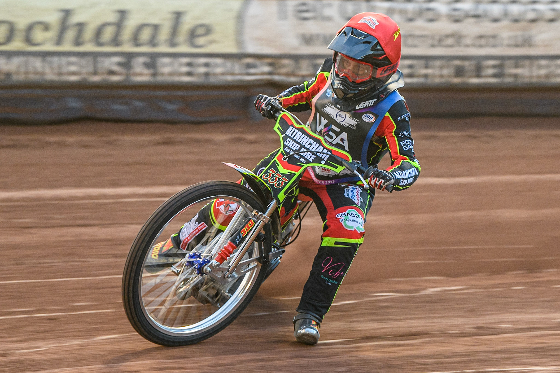 Katie Gordon in action  during the Sports Insure Premiership match between Belle Vue Aces and Wolverhampton Wolves at the National Speedway Stadium, Manchester on Monday 3rd July 2023. (Photo: Ian Charles | MI News)
