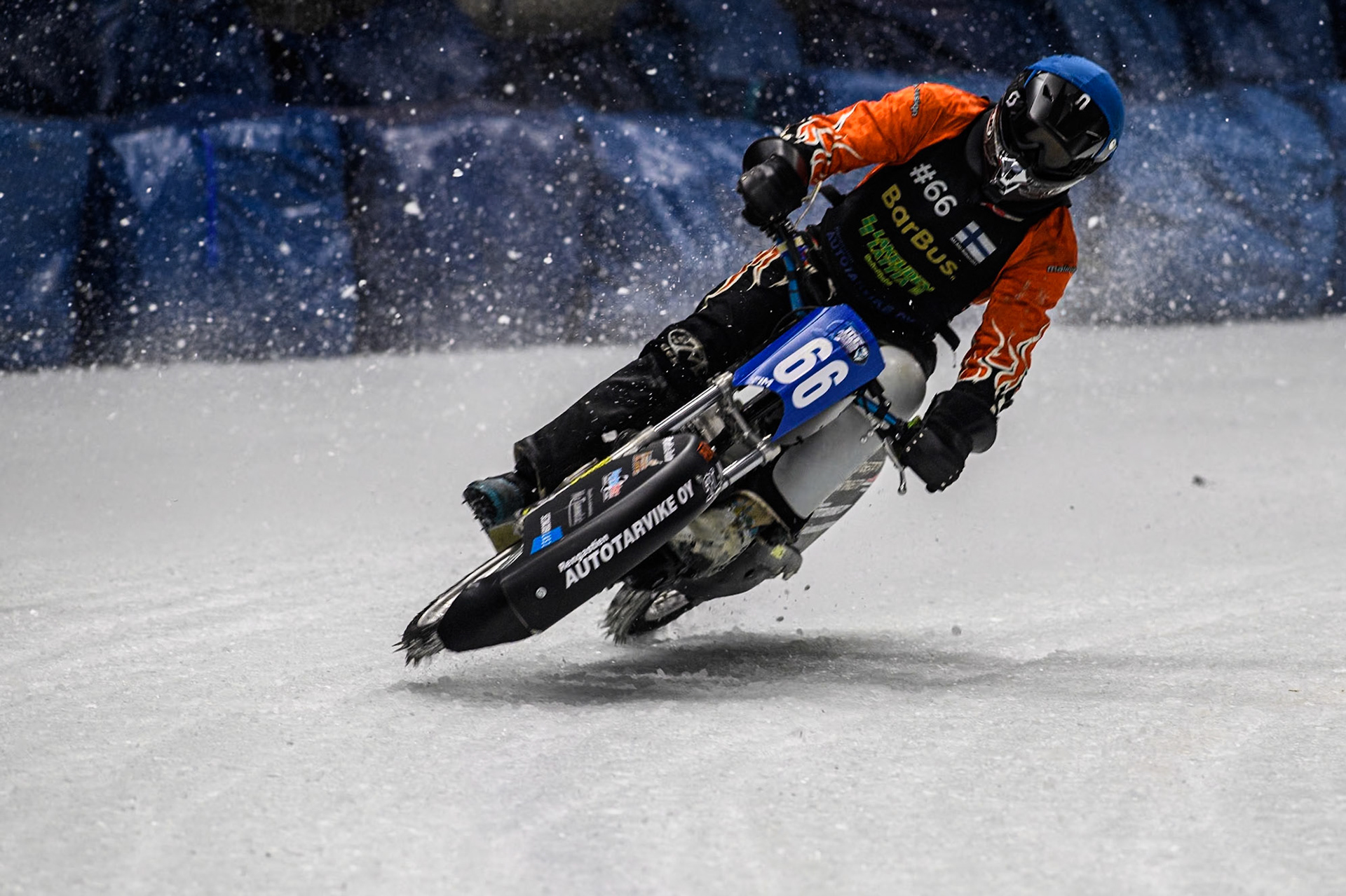 Finland's Aki Ala-Riihimäki (66) (Blue) gets into difficulty as he challenges Germany's Johann Weber (33) (Red) during the FIM Ice Speedway Gladiators World Championship Final 1 at the Max-Aicher-Arena, Inzell on Saturday 23 March 2024. (Photo: Ian Charles | MI News)