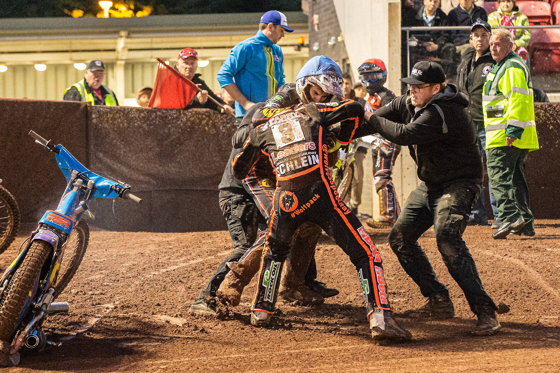 Photo by Ian Charles:

A scuffle breaks out between Rory Schlein  and Steve Worrall  after heat 10 

Belle Vue Aces v Wolverhampton Wolves, SGB Premiership, National Speedway Stadium, Manchester, Monday, 19, August, 2019