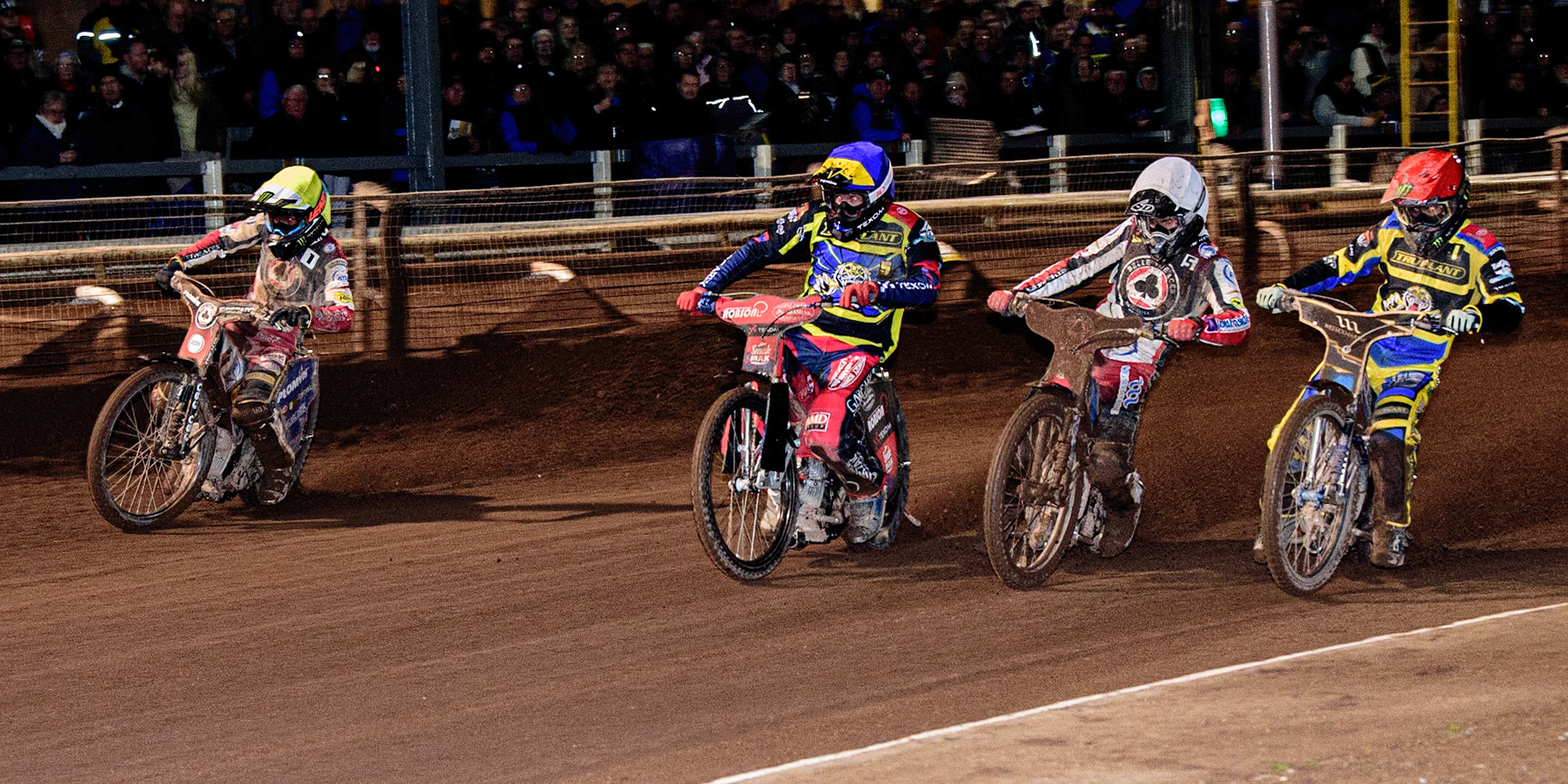 (l - r) Dan Bewley  (Yellow), Tobiasz Musielak  (Blue), Brady Kurtz  (White) and Jack Holder  (Red) during the Sheffield Tigers vs Belle Vue Aces meeting in the SGP Premiership at Owlerton Stadium, Sheffield on Thursday 23rd March 2023. (Photo: Ian Charles | MI News)