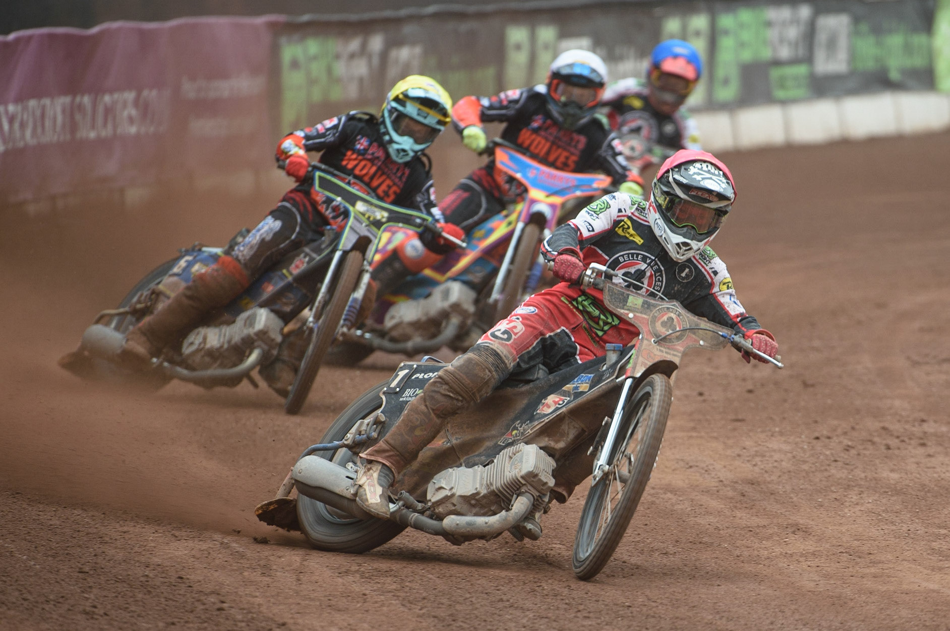 MANCHESTER, UK. AUGUST 30TH Dan Bewley  (Red) leads Ryan Douglas  (Yellow) and Rory Schlein  (White)  during the SGB Premiership match between Belle Vue Aces and Wolverhampton Wolves at the National Speedway Stadium, Manchester on Monday 30th August 2021. (Credit: Ian Charles | MI News)