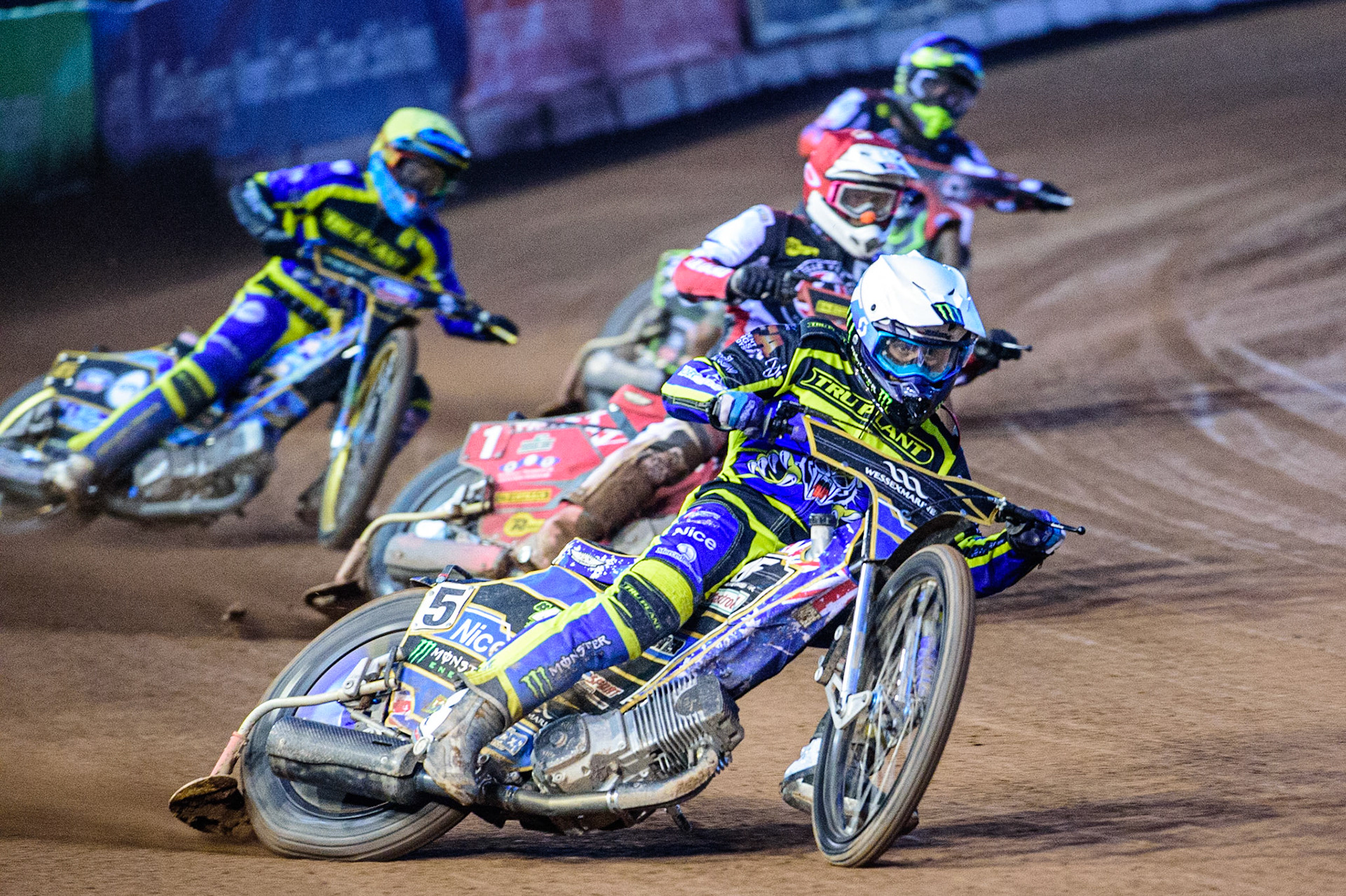 Justin Sedgmen  (White) leads Max Fricke  (Red) Justin Sedgmen  (Yellow) and Tom Brennan  (Blue) during the SGB Premiership match between Belle Vue Aces and Sheffield Tigers at the National Speedway Stadium, Manchester on Monday 5th September 2022. (Credit: Ian Charles | MI News)